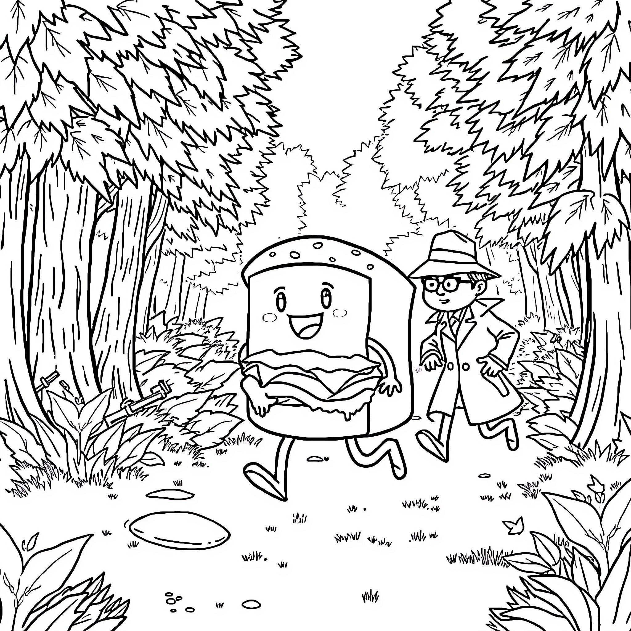 Cheeseburger exploring the wilderness with a nature enthusiast Coloring Page (free black-and-white line drawing printable PDF for all, from beginners to advanced learners, including children, teens, adults, and seniors)