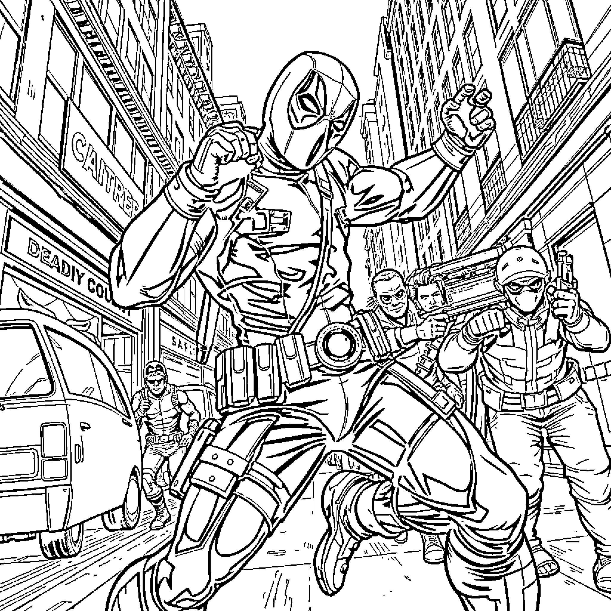 Deadpool in Chaotic Urban Action Scene Coloring Page (free black-and-white line drawing printable PDF for all, from beginners to advanced learners, including children, teens, adults, and seniors)