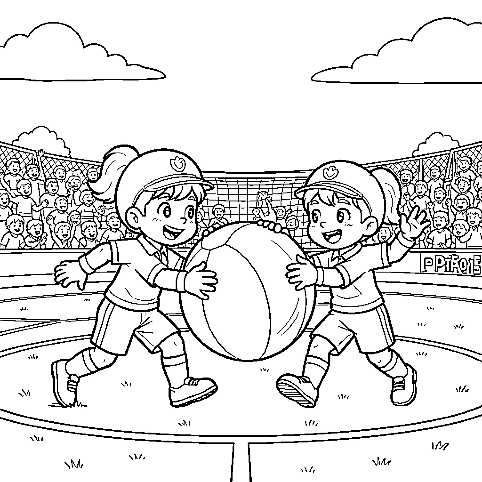 Pat Patrouille characters playing soccer with a large ball Coloring Page (free black-and-white line drawing printable PDF for all, from beginners to advanced learners, including children, teens, adults, and seniors)