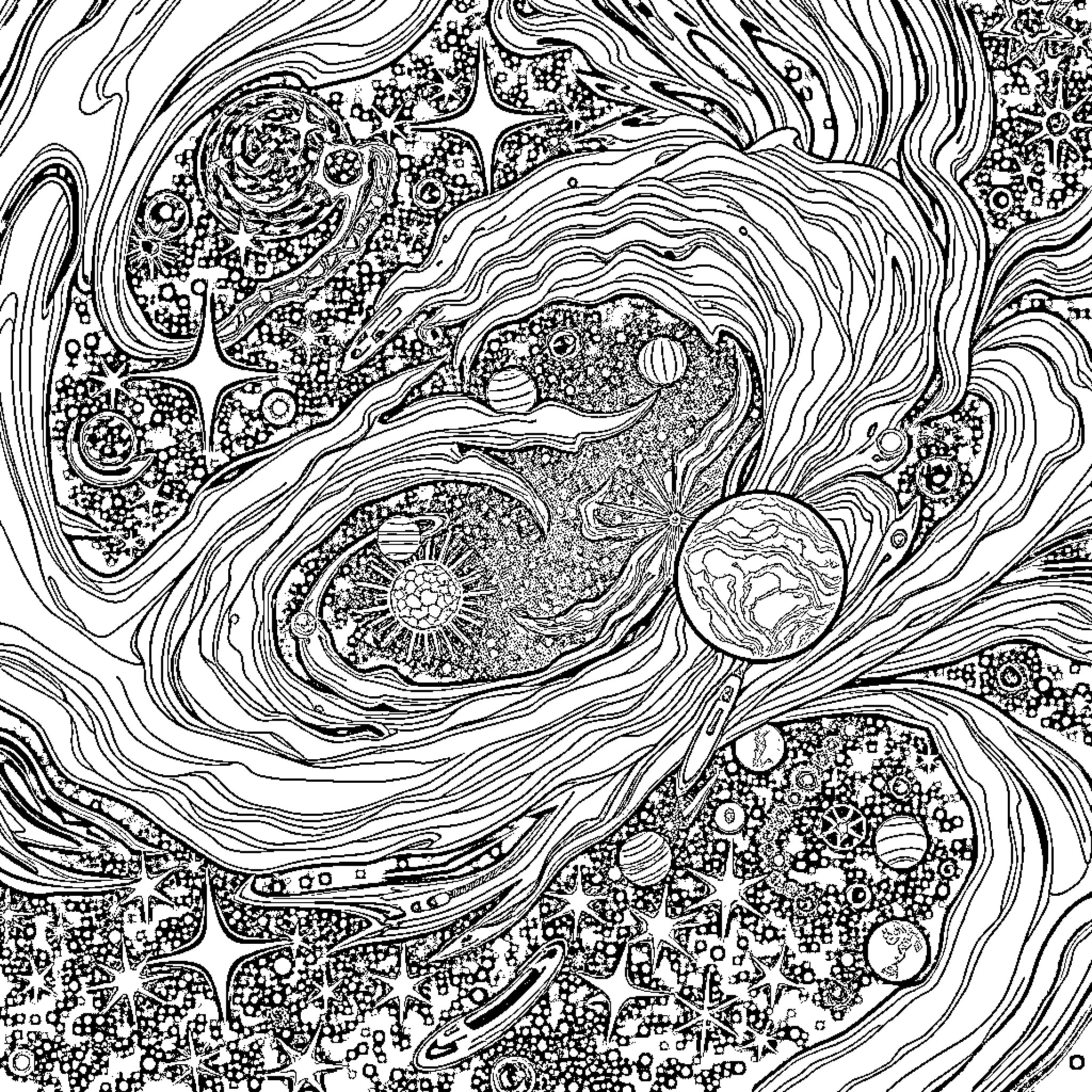 Galaxy of Abstract Cosmic Shapes Coloring Page (free black-and-white line drawing printable PDF for all, from beginners to advanced learners, including children, teens, adults, and seniors)