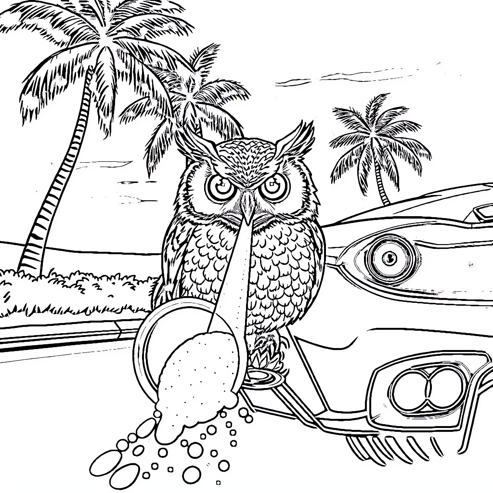 Owl relaxing on the beach with palm trees Coloring Page (free black-and-white line drawing printable PDF for all, from beginners to advanced learners, including children, teens, adults, and seniors)