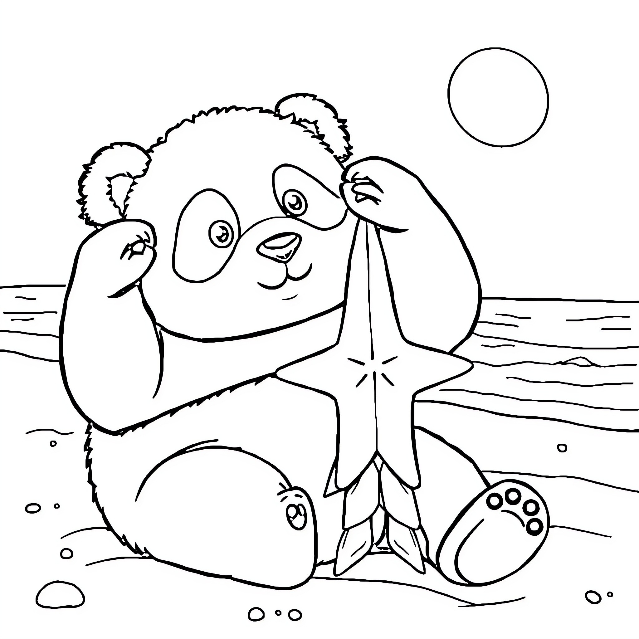 Panda playing with starfish on the beach Coloring Page (free black-and-white line drawing printable PDF for all, from beginners to advanced learners, including children, teens, adults, and seniors)