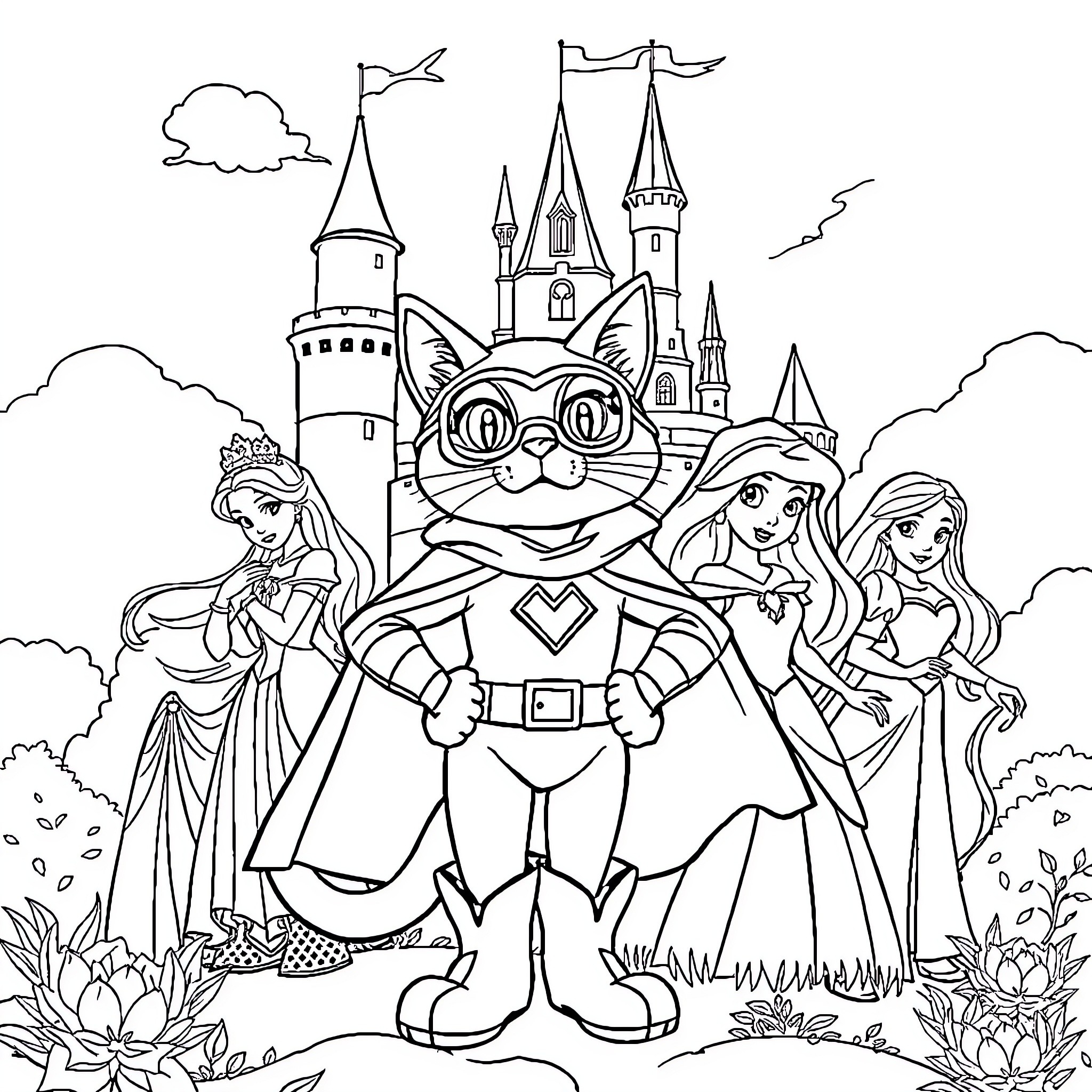Gato's Fairytale Adventure with Princesses Coloring Page (free black-and-white line drawing printable PDF for all, from beginners to advanced learners, including children, teens, adults, and seniors)