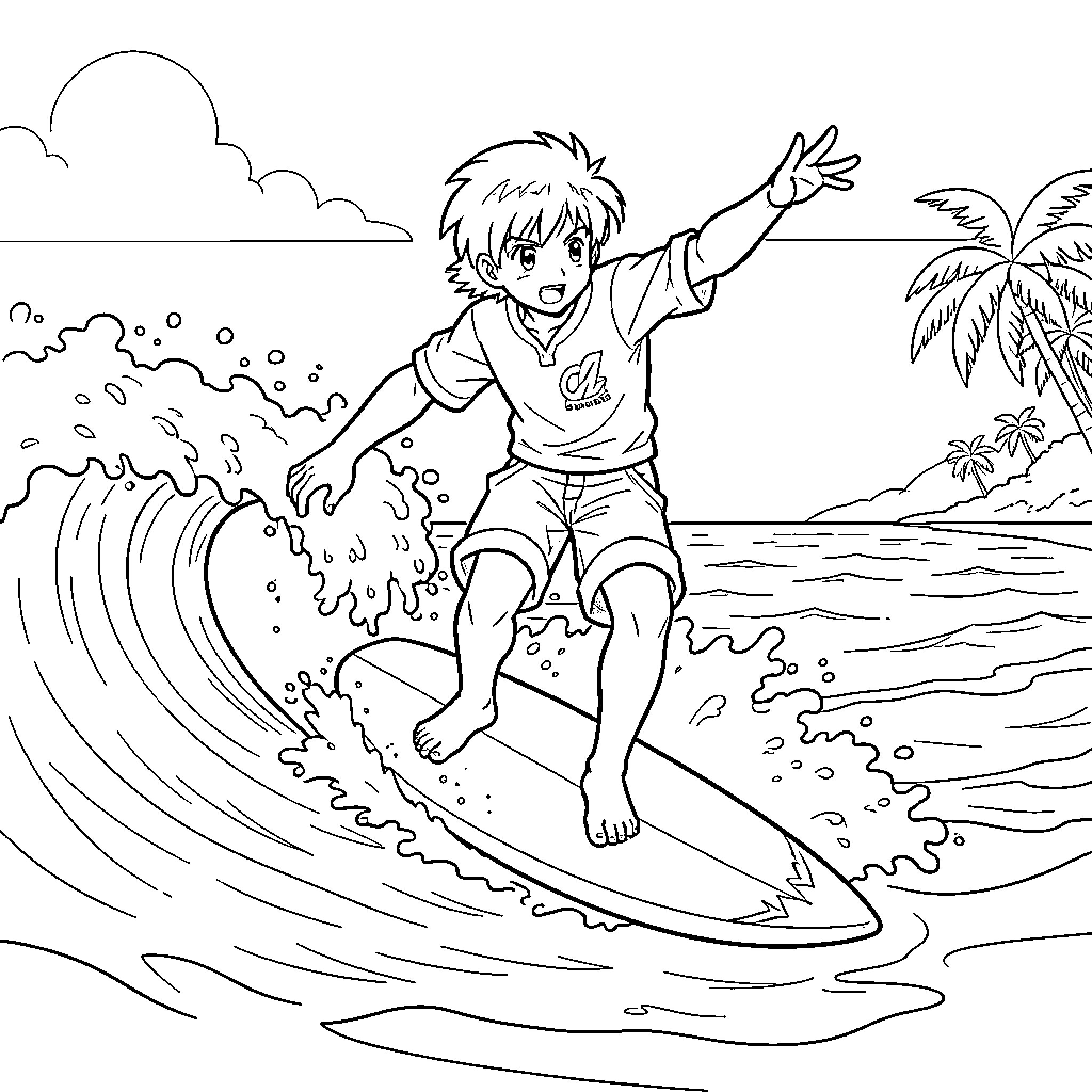 Zidane surfing on a wave with a joyful expression Coloring Page (free black-and-white line drawing printable PDF for all, from beginners to advanced learners, including children, teens, adults, and seniors)
