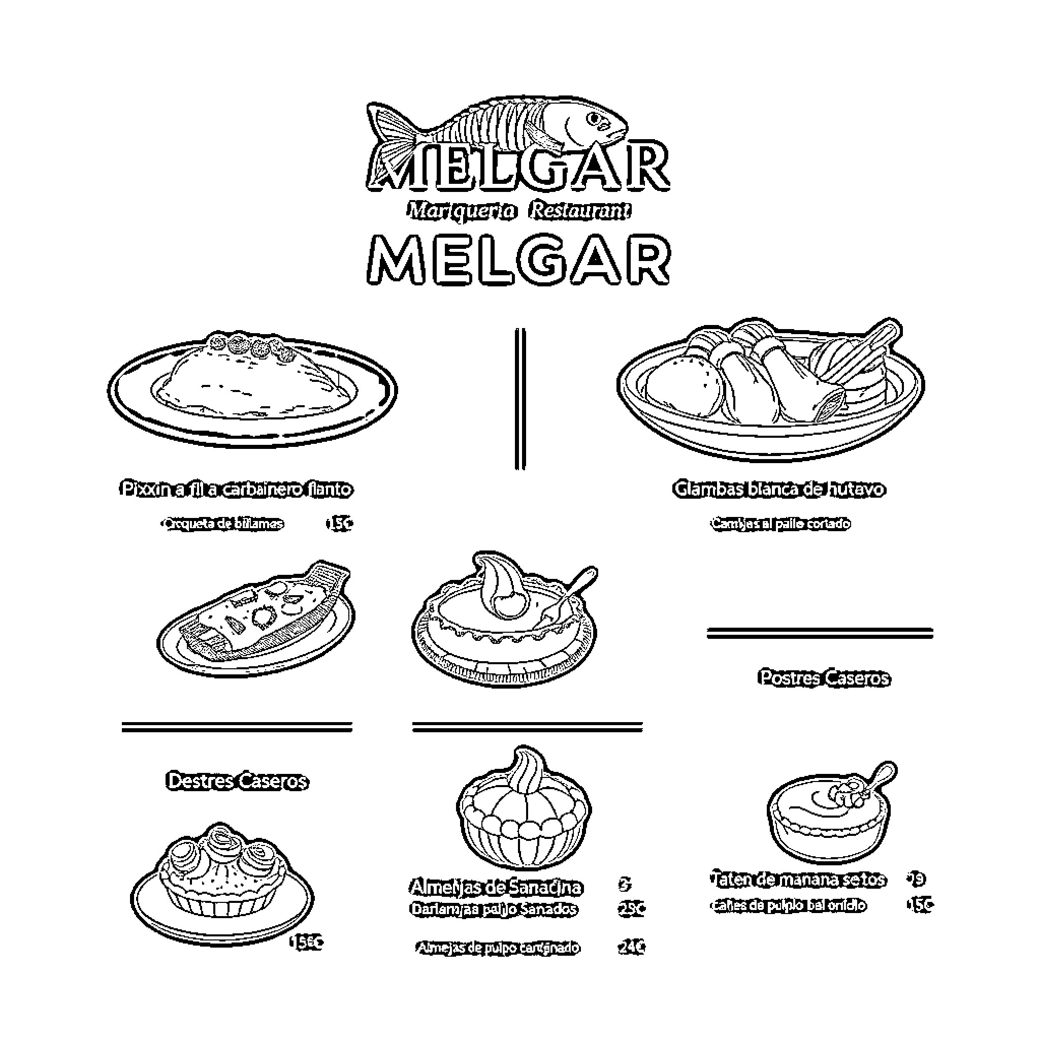 Crab-themed seafood menu items Coloring Page (free black-and-white line drawing printable PDF for all, from beginners to advanced learners, including children, teens, adults, and seniors)