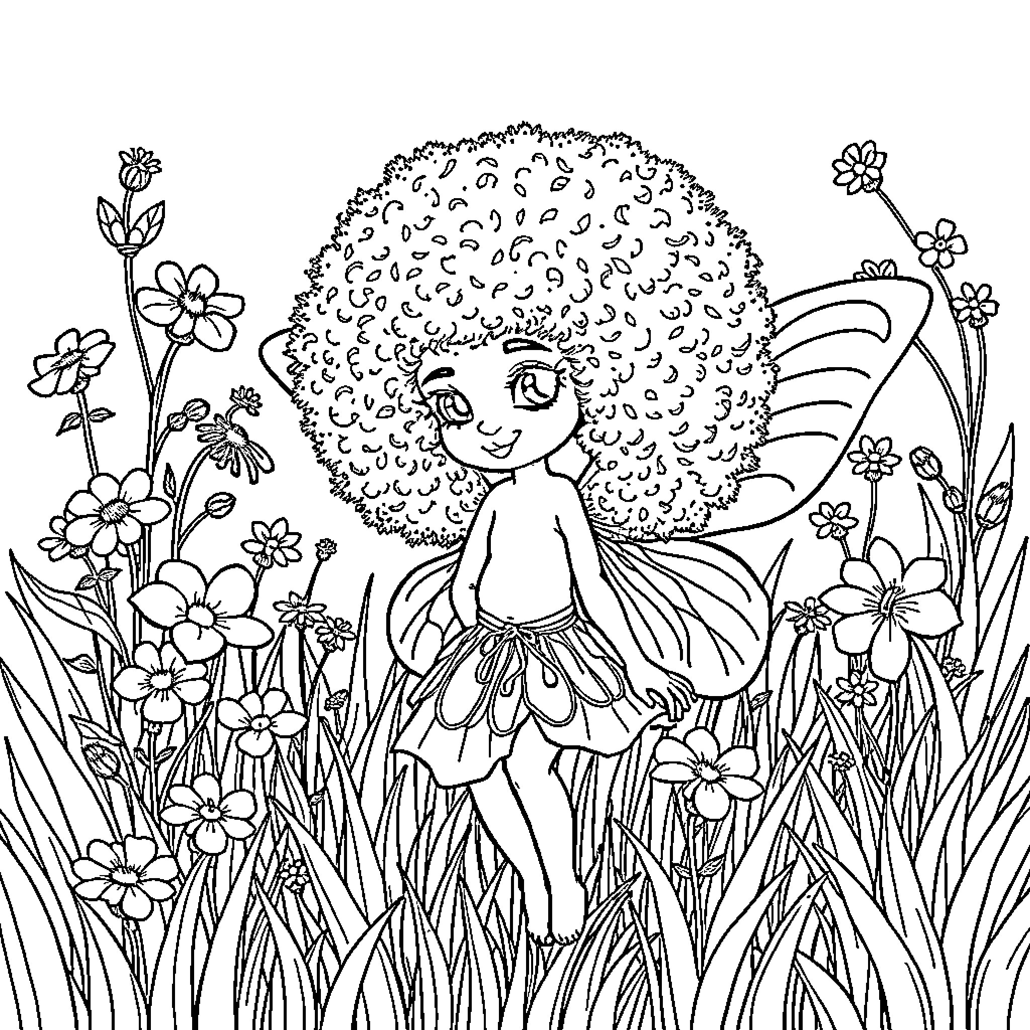 Fairy Frolicking Amidst Blooming Flowers Coloring Page (free black-and-white line drawing printable PDF for all, from beginners to advanced learners, including children, teens, adults, and seniors)