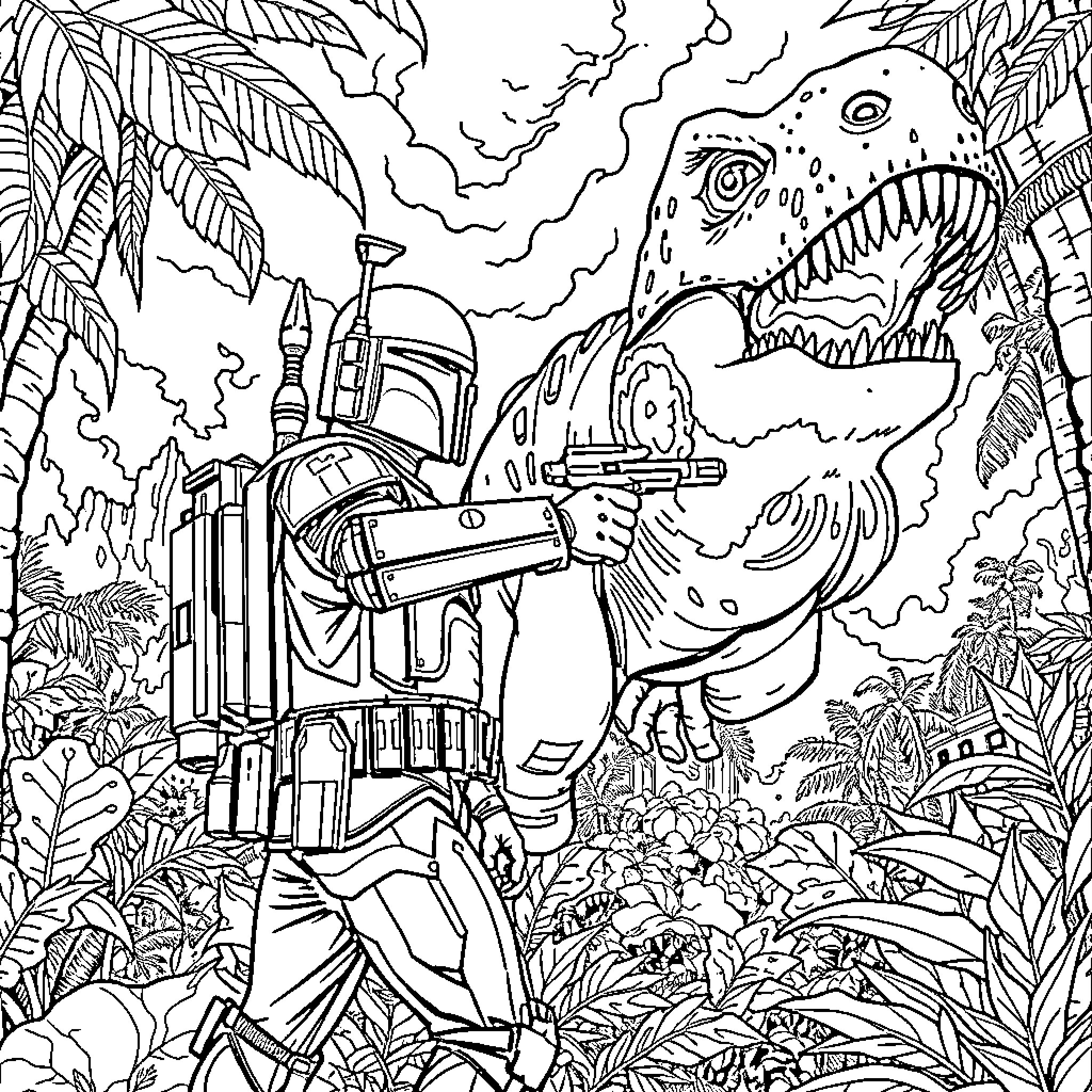 Boba Fett's Jungle Adventure Coloring Page (free black-and-white line drawing printable PDF for all, from beginners to advanced learners, including children, teens, adults, and seniors)