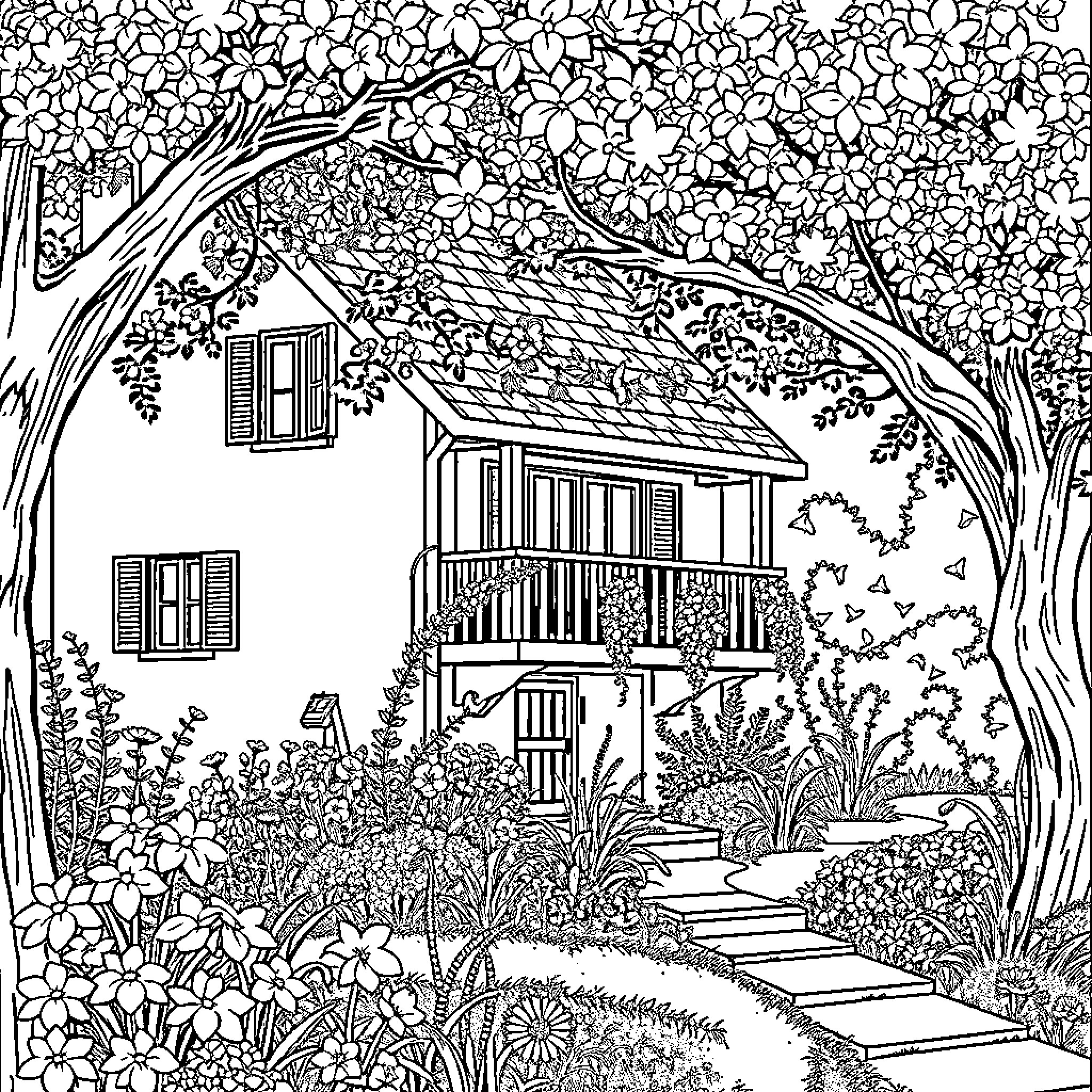 Maison amidst lush garden and blossoming landscape Coloring Page (free black-and-white line drawing printable PDF for all, from beginners to advanced learners, including children, teens, adults, and seniors)