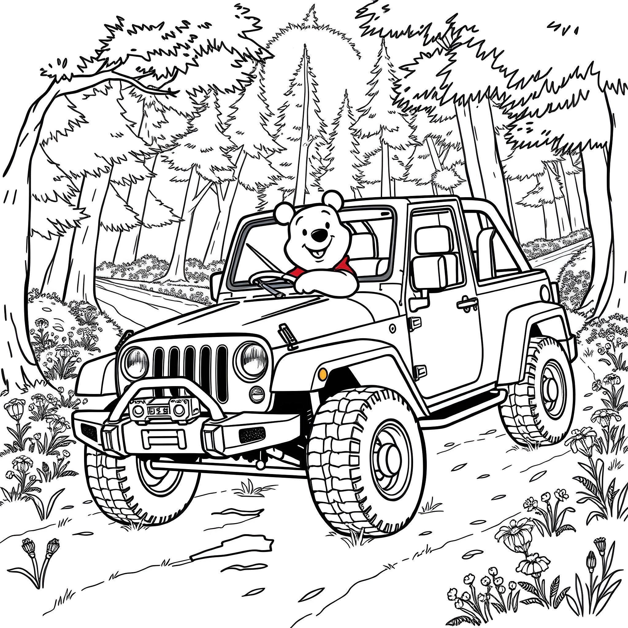Winnie The Pooh exploring the forest in a jeep Coloring Page (free black-and-white line drawing printable PDF for all, from beginners to advanced learners, including children, teens, adults, and seniors)