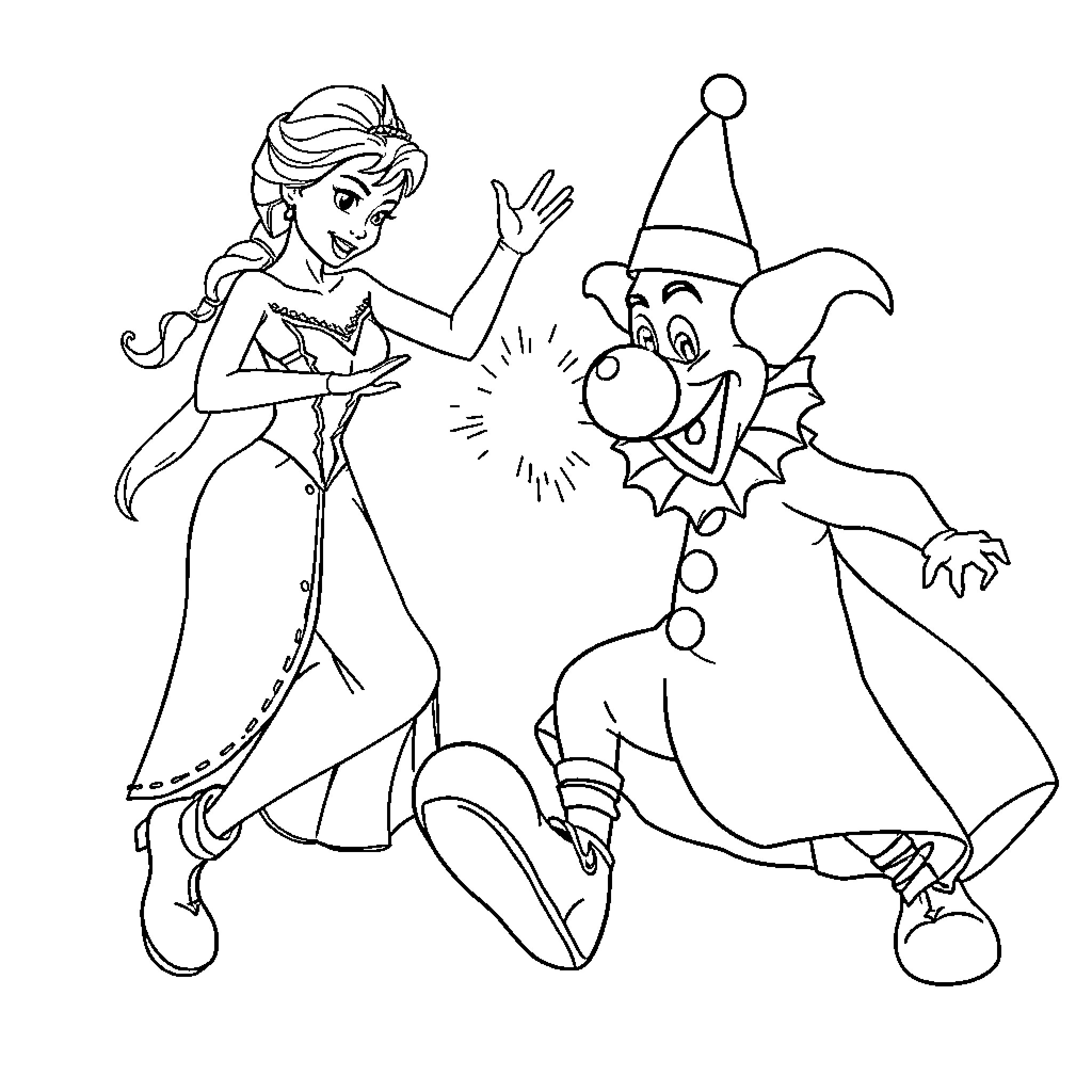 Elsa's Festive Fun with Friendly Jester Coloring Page (free black-and-white line drawing printable PDF for all, from beginners to advanced learners, including children, teens, adults, and seniors)