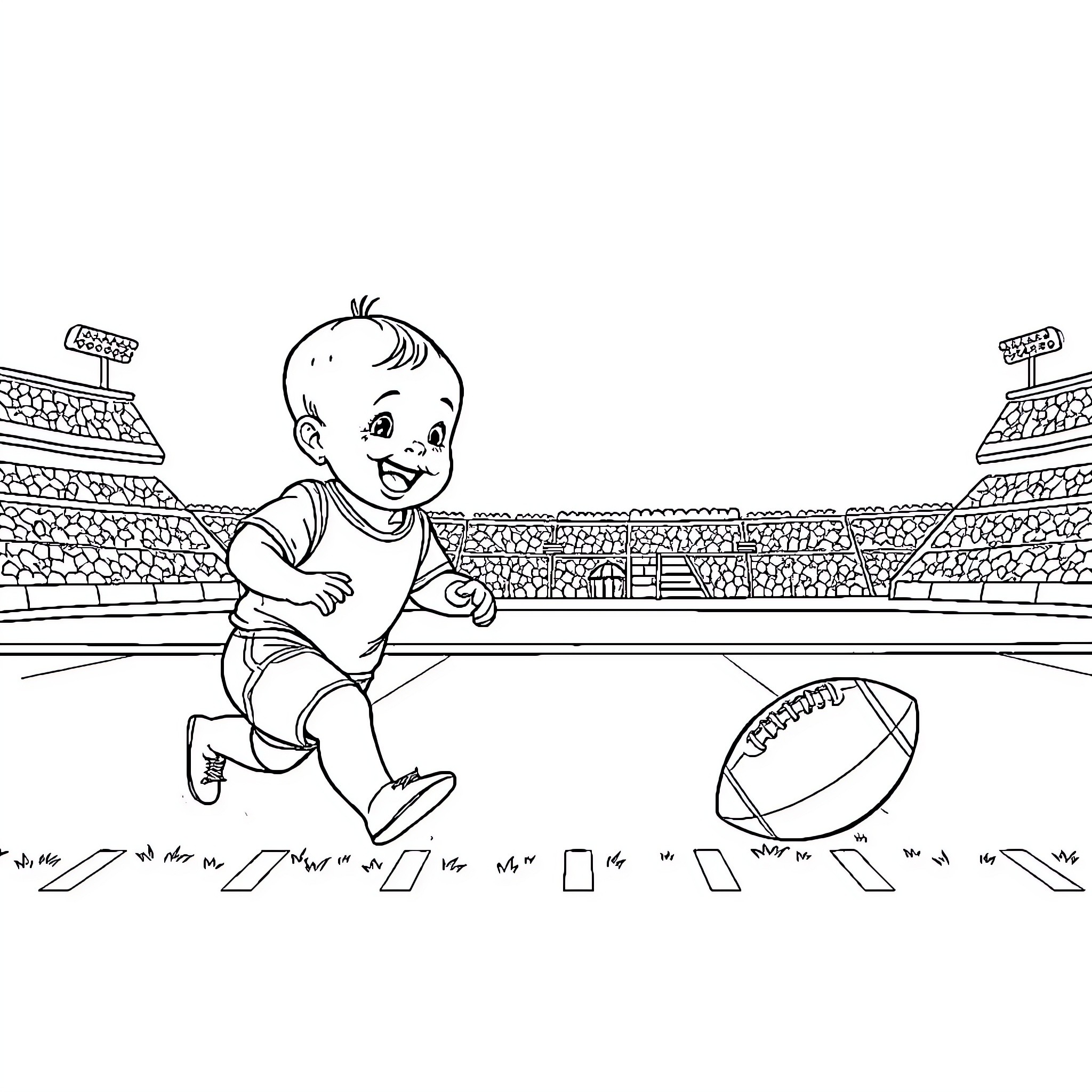 Baby playing football in the stadium Coloring Page (free black-and-white line drawing printable PDF for all, from beginners to advanced learners, including children, teens, adults, and seniors)