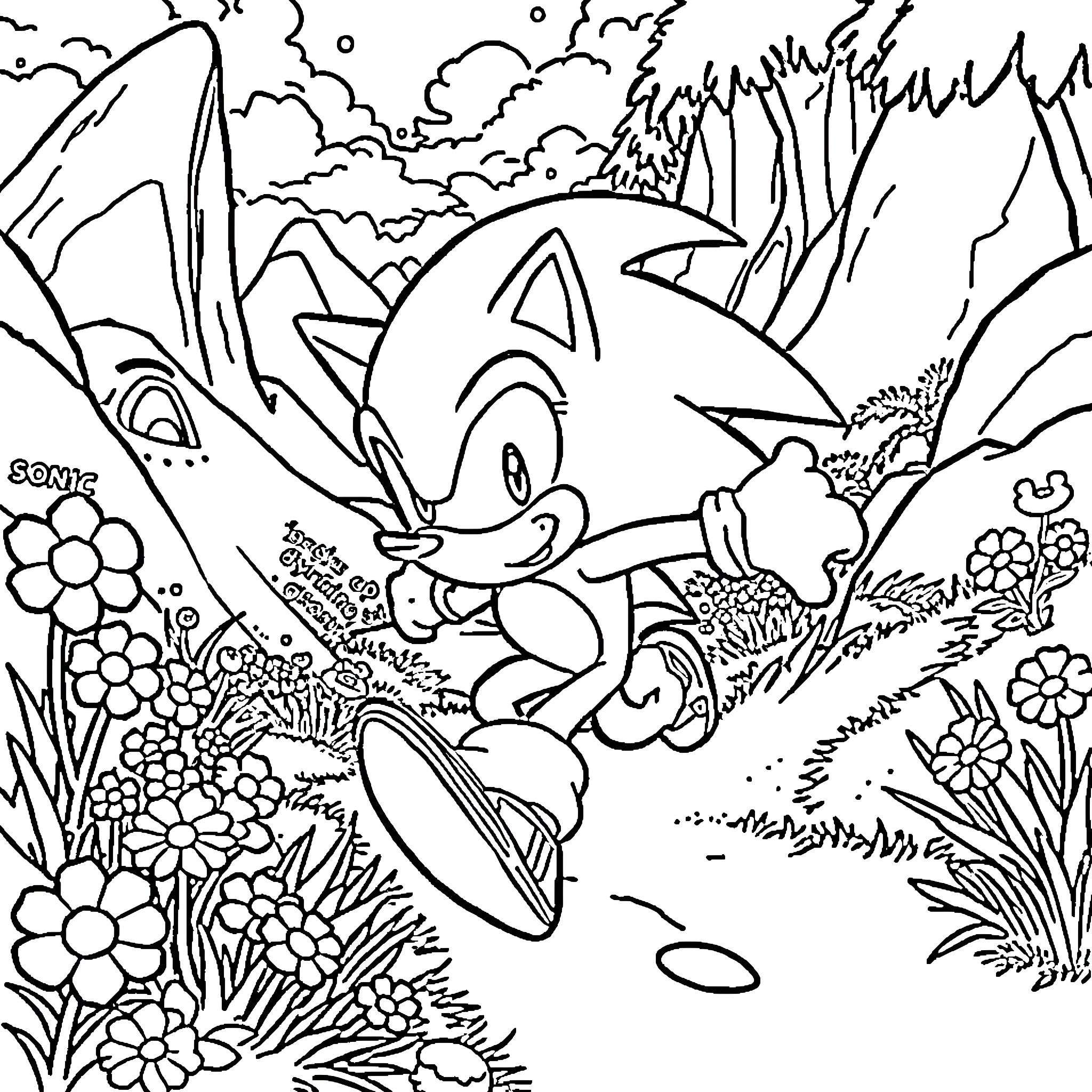 Sonic Running Through Colorful Nature Landscape Coloring Page (free black-and-white line drawing printable PDF for all, from beginners to advanced learners, including children, teens, adults, and seniors)