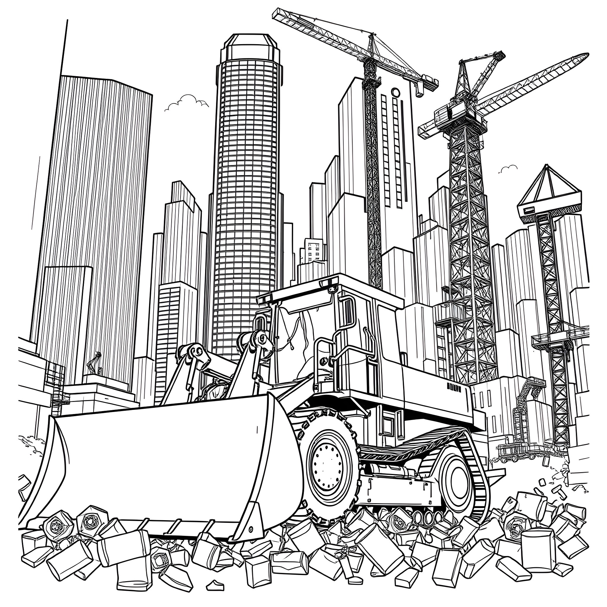 Bulldozer working on urban construction site Coloring Page (free black-and-white line drawing printable PDF for all, from beginners to advanced learners, including children, teens, adults, and seniors)