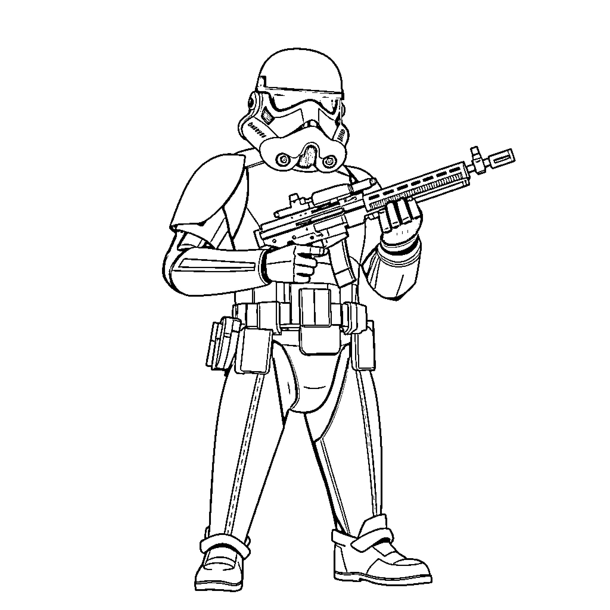 Stormtrooper in combat gear wielding a blaster rifle Coloring Page (free black-and-white line drawing printable PDF for all, from beginners to advanced learners, including children, teens, adults, and seniors)