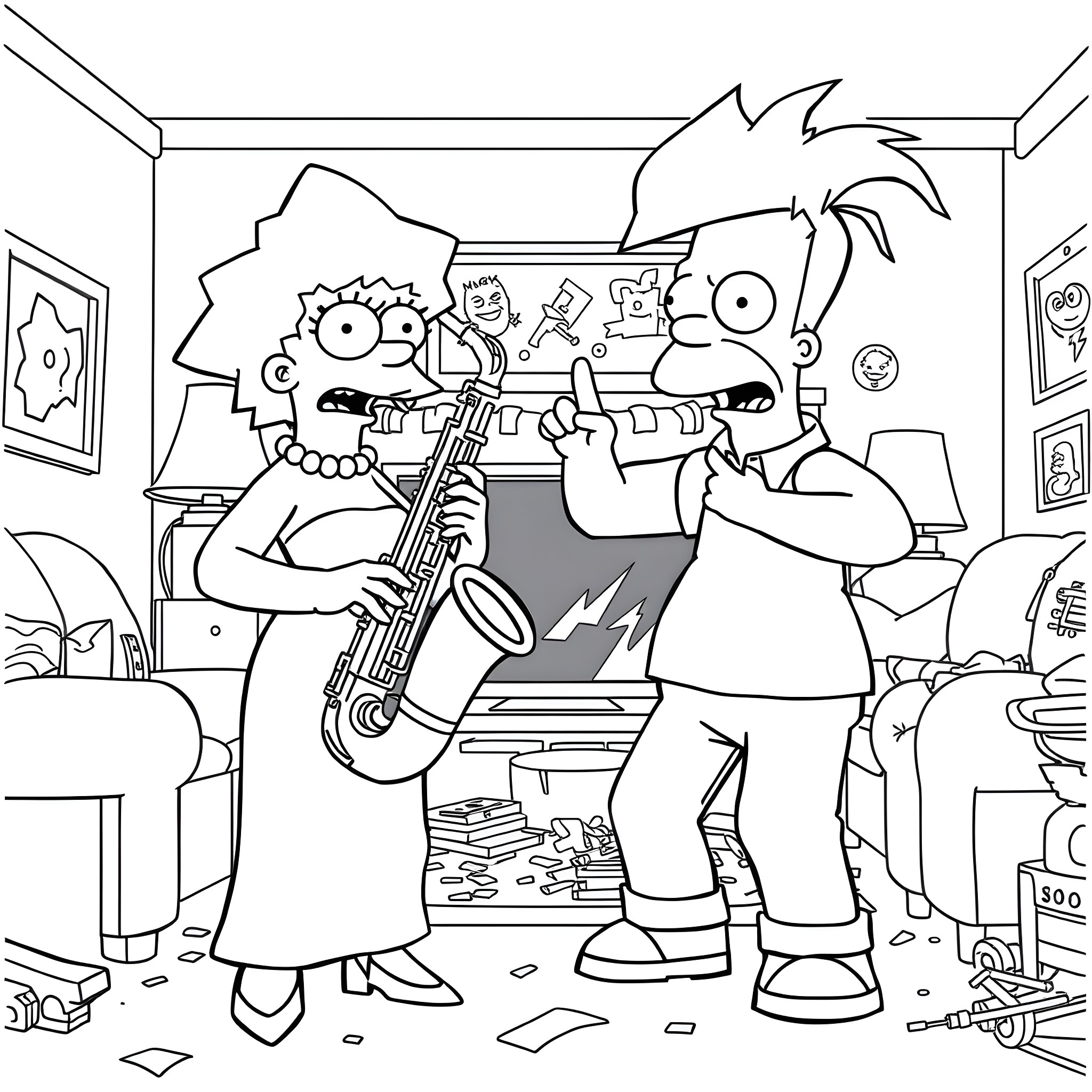 Lisa and her friends playing music in a messy room Coloring Page (free black-and-white line drawing printable PDF for all, from beginners to advanced learners, including children, teens, adults, and seniors)