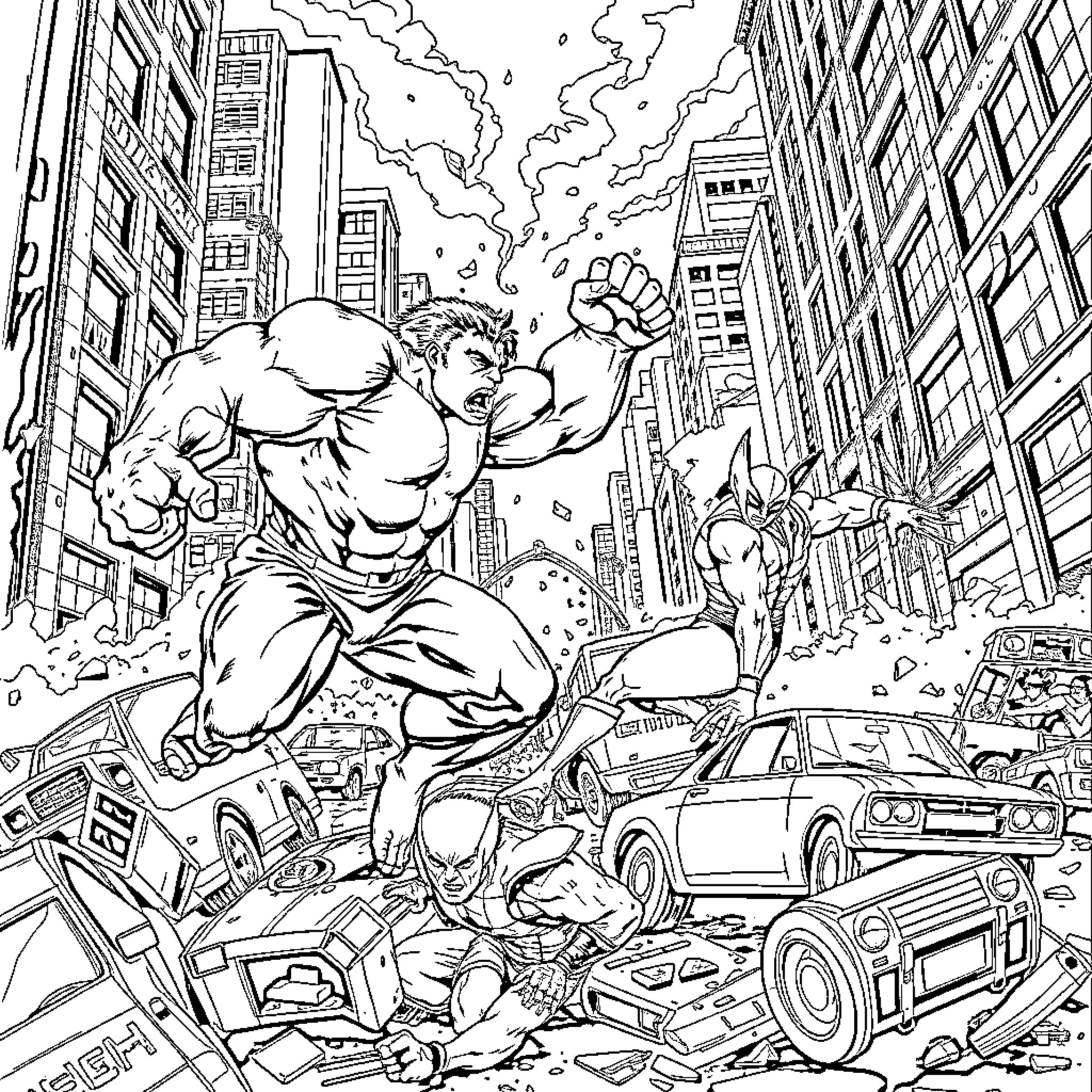Hulk rampaging through a devastated city Coloring Page (free black-and-white line drawing printable PDF for all, from beginners to advanced learners, including children, teens, adults, and seniors)