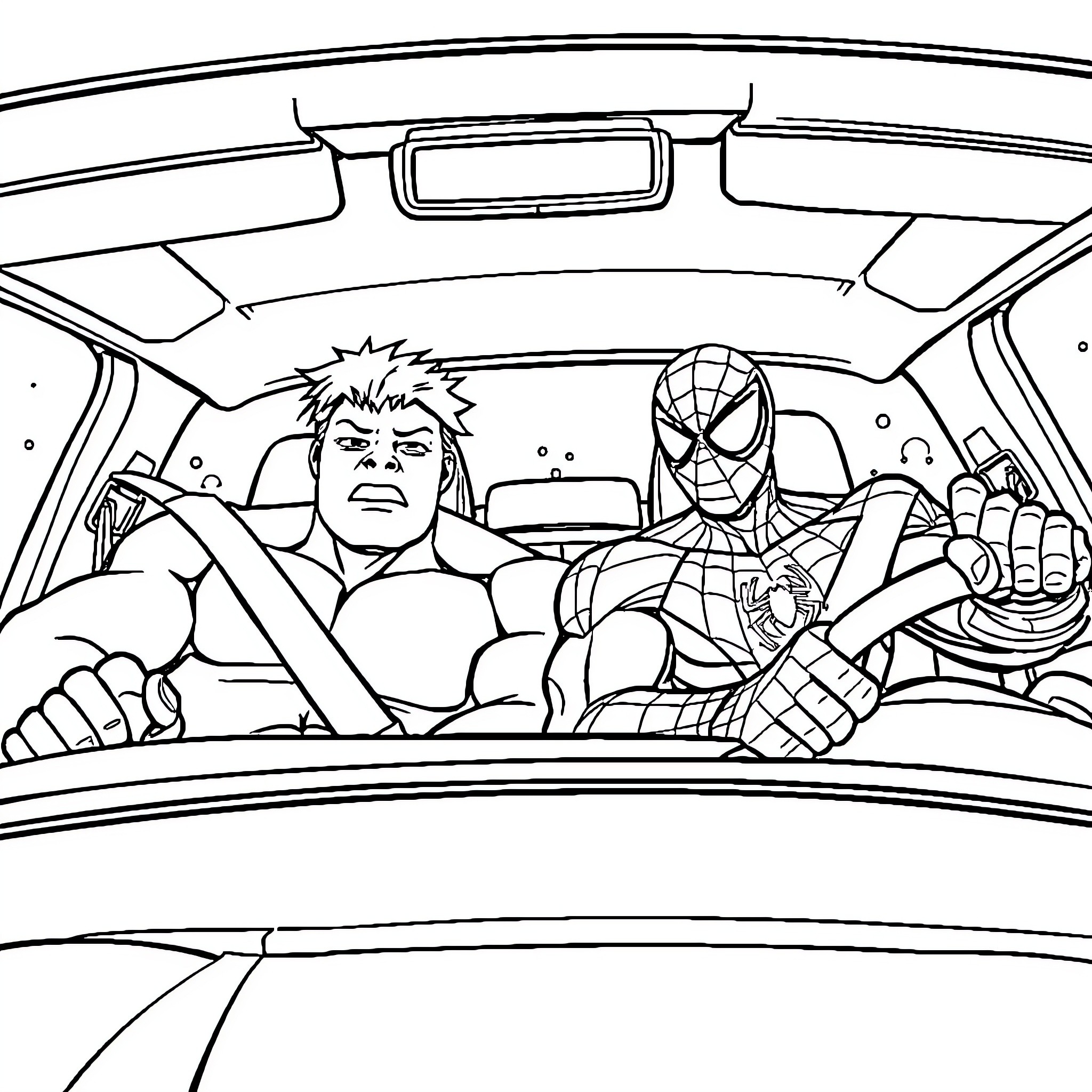 Hulk and Spider-Man driving together in car Coloring Page (free black-and-white line drawing printable PDF for all, from beginners to advanced learners, including children, teens, adults, and seniors)