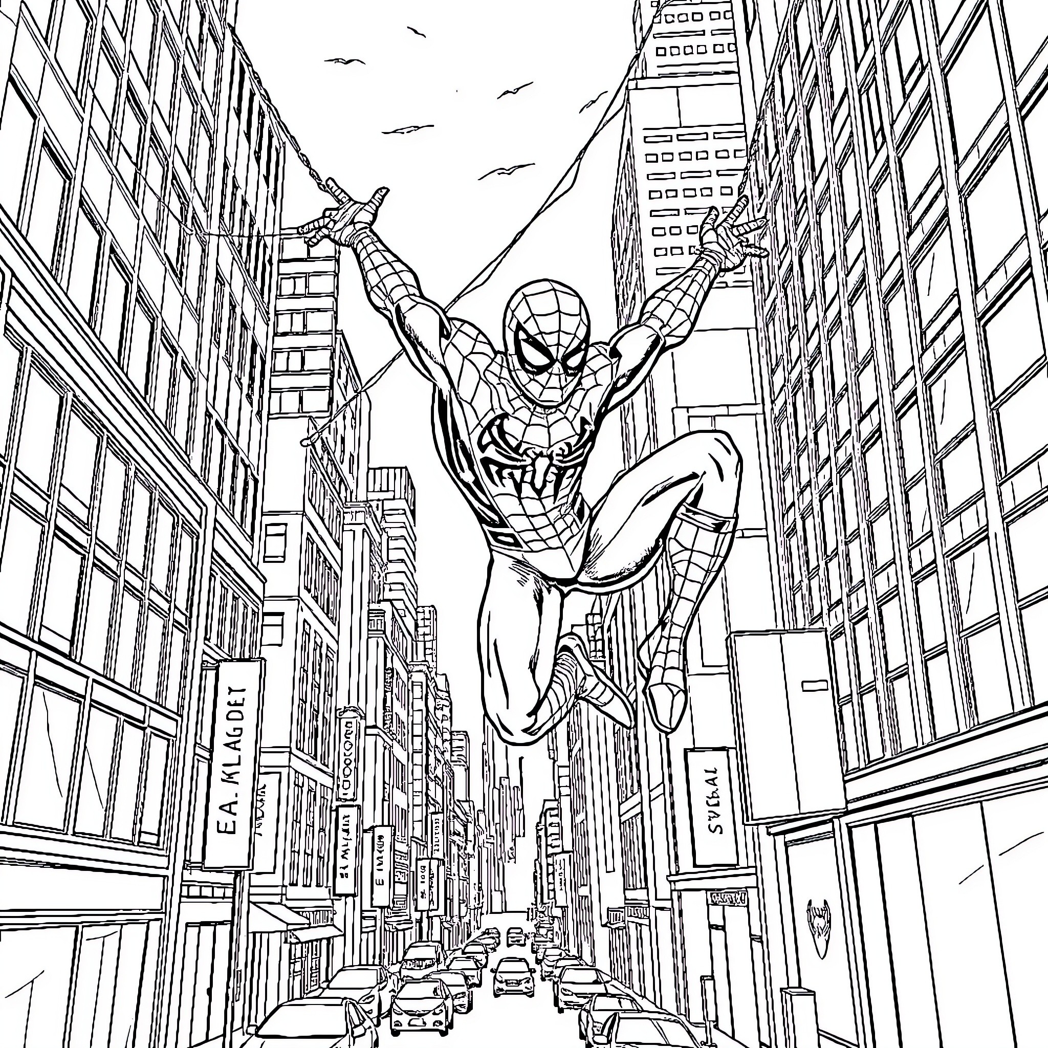 Spider-Man swinging through the city skyline Coloring Page (free black-and-white line drawing printable PDF for all, from beginners to advanced learners, including children, teens, adults, and seniors)