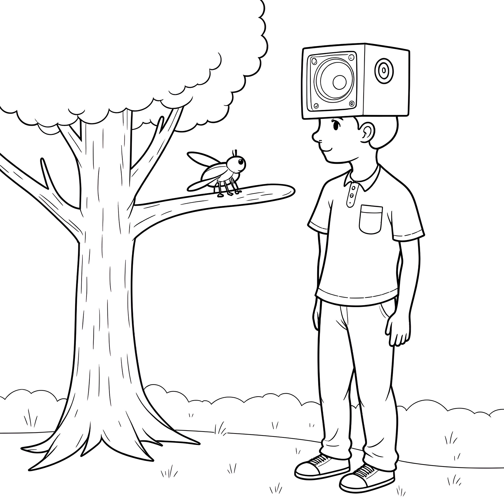 Bug Listening to Nature's Tunes Coloring Page (free black-and-white line drawing printable PDF for all, from beginners to advanced learners, including children, teens, adults, and seniors)