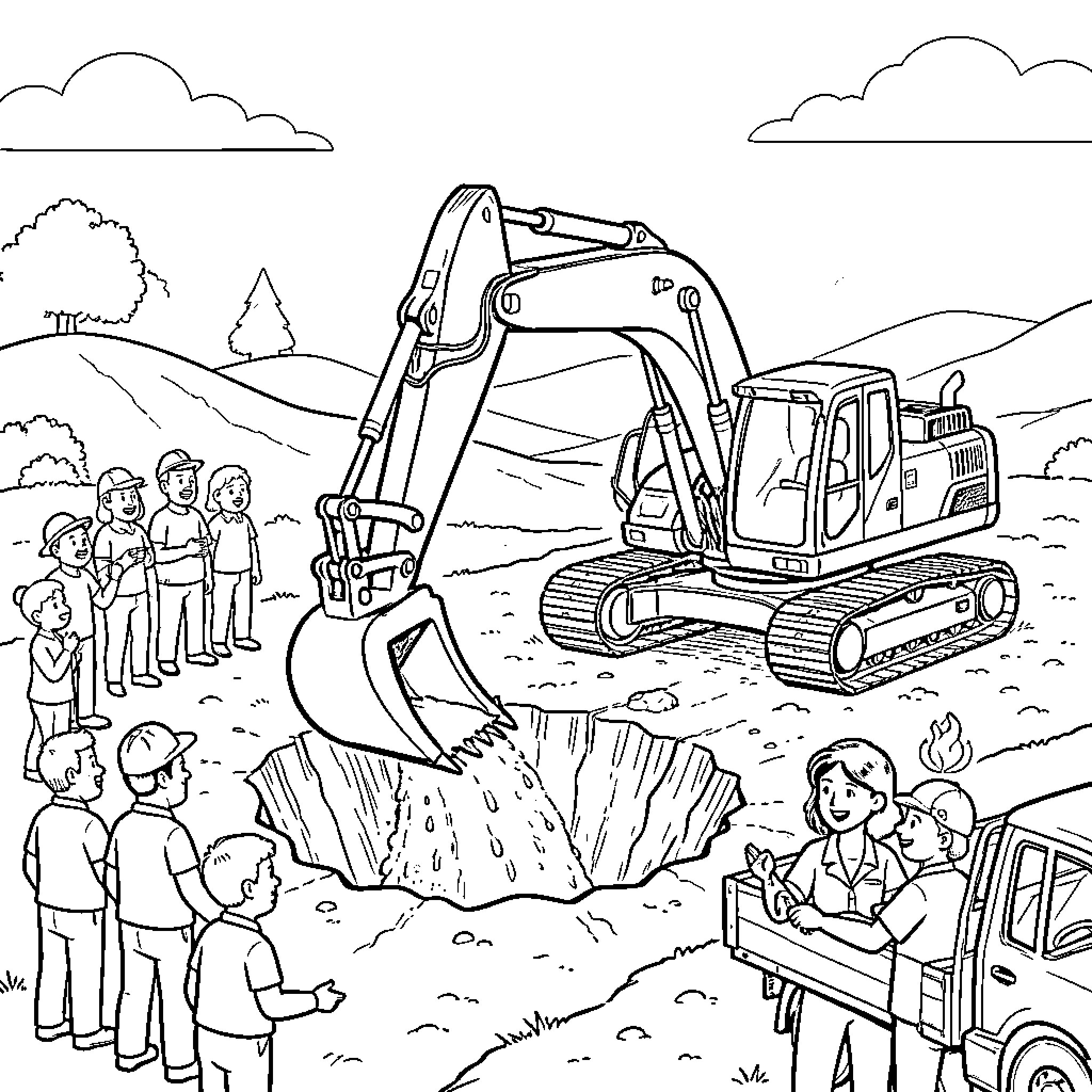 Excavadora digging at construction site with workers Coloring Page (free black-and-white line drawing printable PDF for all, from beginners to advanced learners, including children, teens, adults, and seniors)