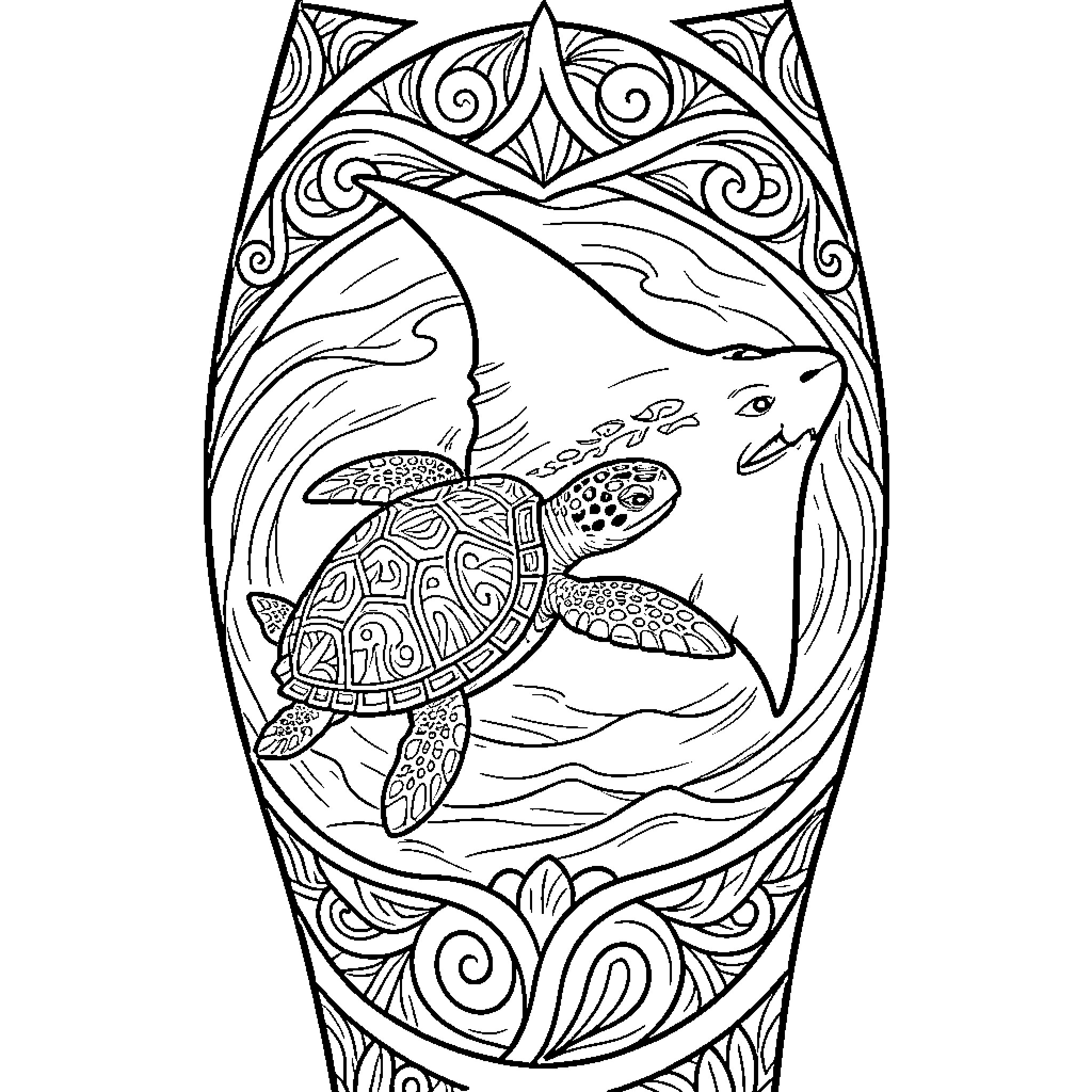 Turtle swimming gracefully in ornate frame Coloring Page (free black-and-white line drawing printable PDF for all, from beginners to advanced learners, including children, teens, adults, and seniors)