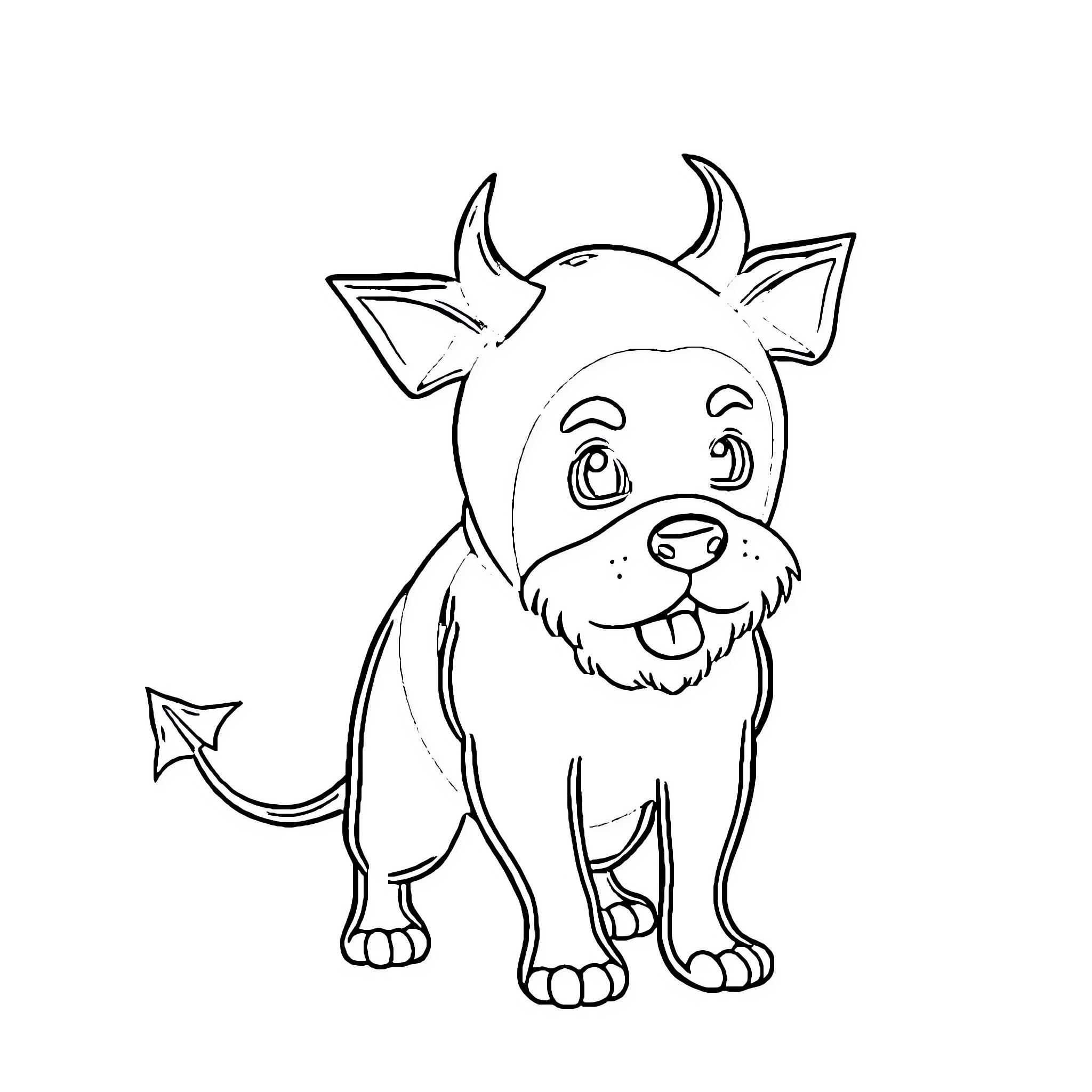 Dog with horns and tail in playful pose Coloring Page (free black-and-white line drawing printable PDF for all, from beginners to advanced learners, including children, teens, adults, and seniors)
