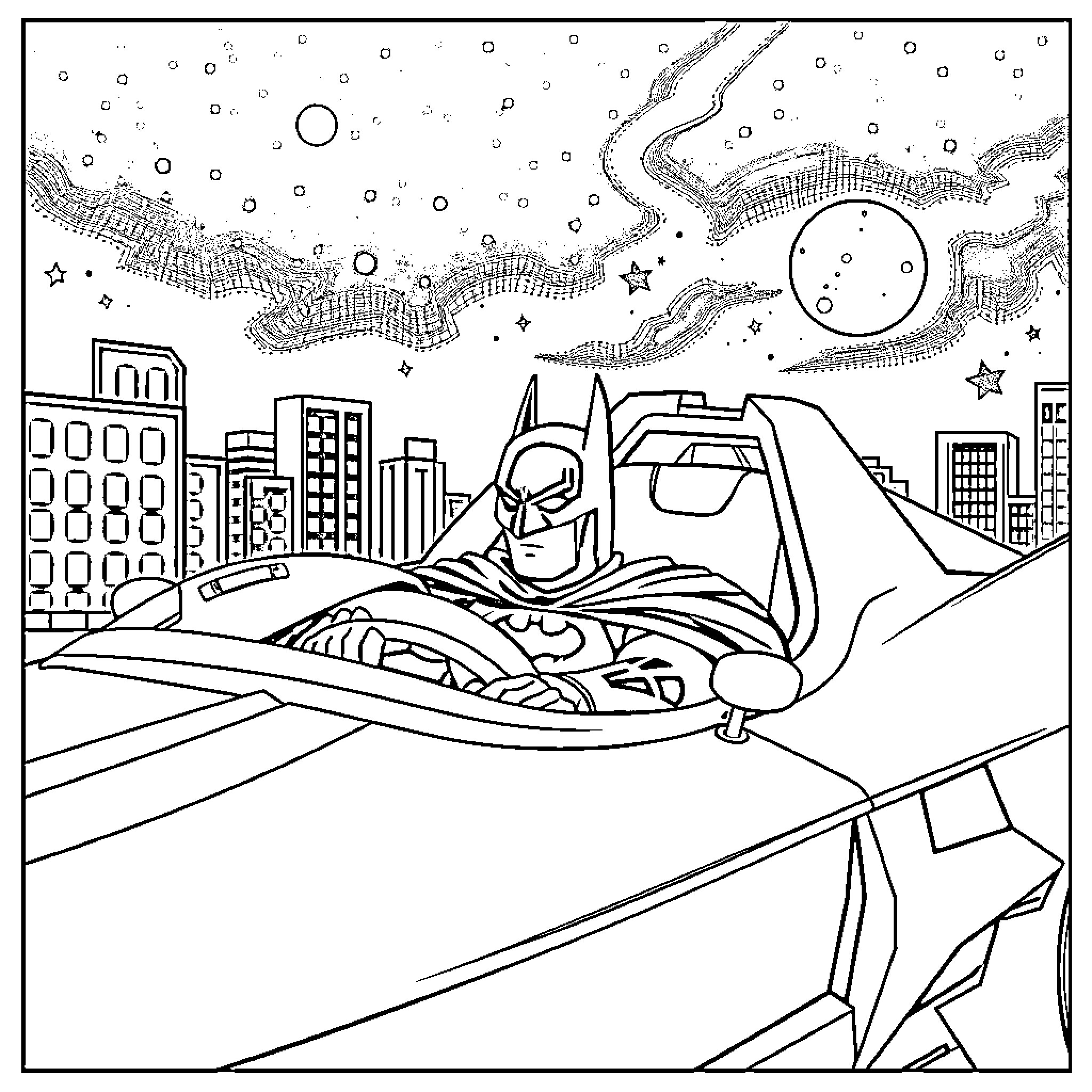 Batman's Nighttime Adventure in the City Coloring Page (free black-and-white line drawing printable PDF for all, from beginners to advanced learners, including children, teens, adults, and seniors)