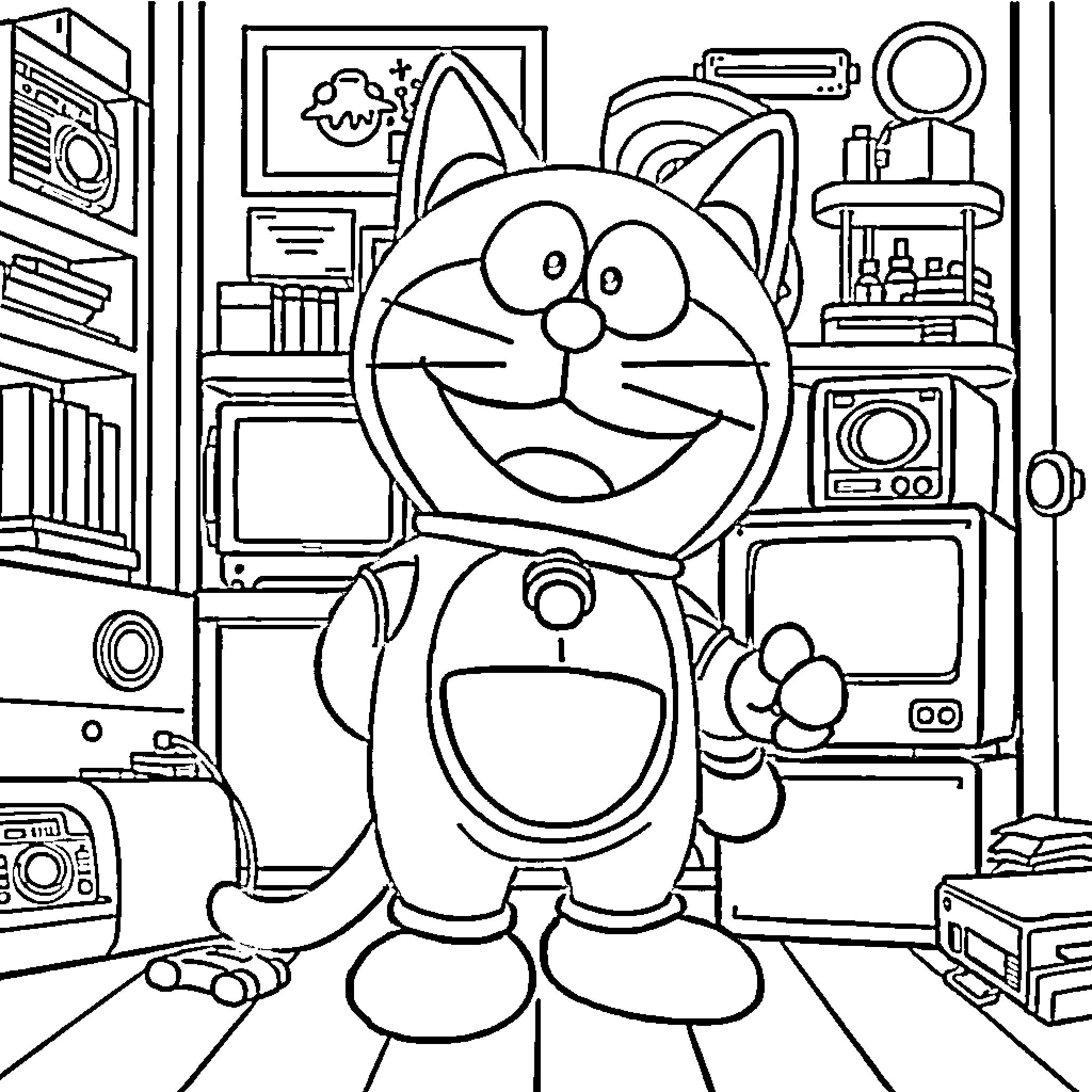 Doraemon in a room full of gadgets Coloring Page (free black-and-white line drawing printable PDF for all, from beginners to advanced learners, including children, teens, adults, and seniors)