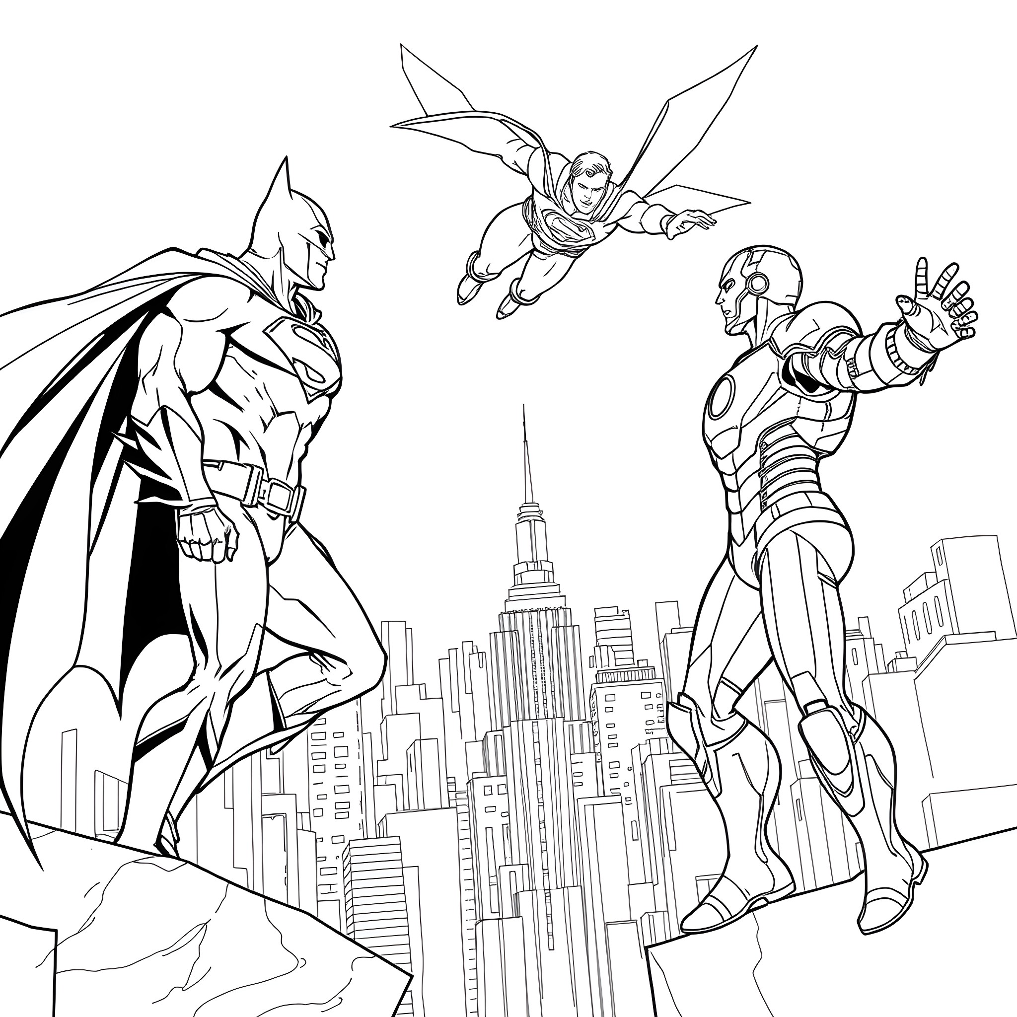 Batman and superheroes in action over the city Coloring Page (free black-and-white line drawing printable PDF for all, from beginners to advanced learners, including children, teens, adults, and seniors)