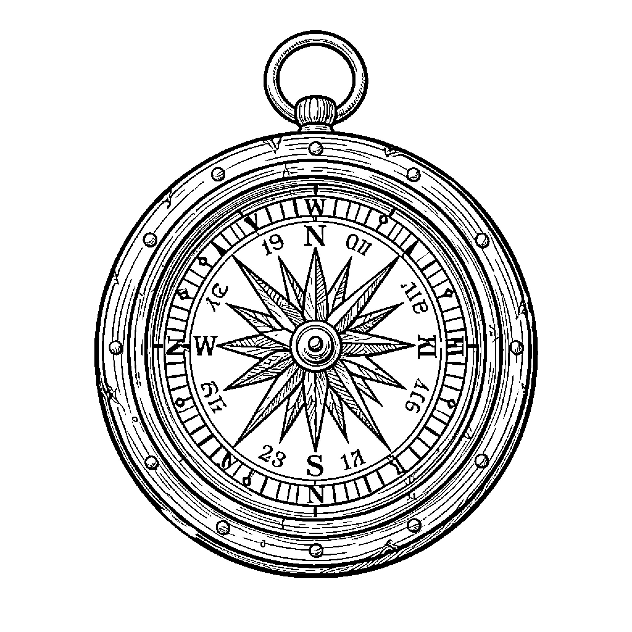Compass with Intricate Details Coloring Page (free black-and-white line drawing printable PDF for all, from beginners to advanced learners, including children, teens, adults, and seniors)