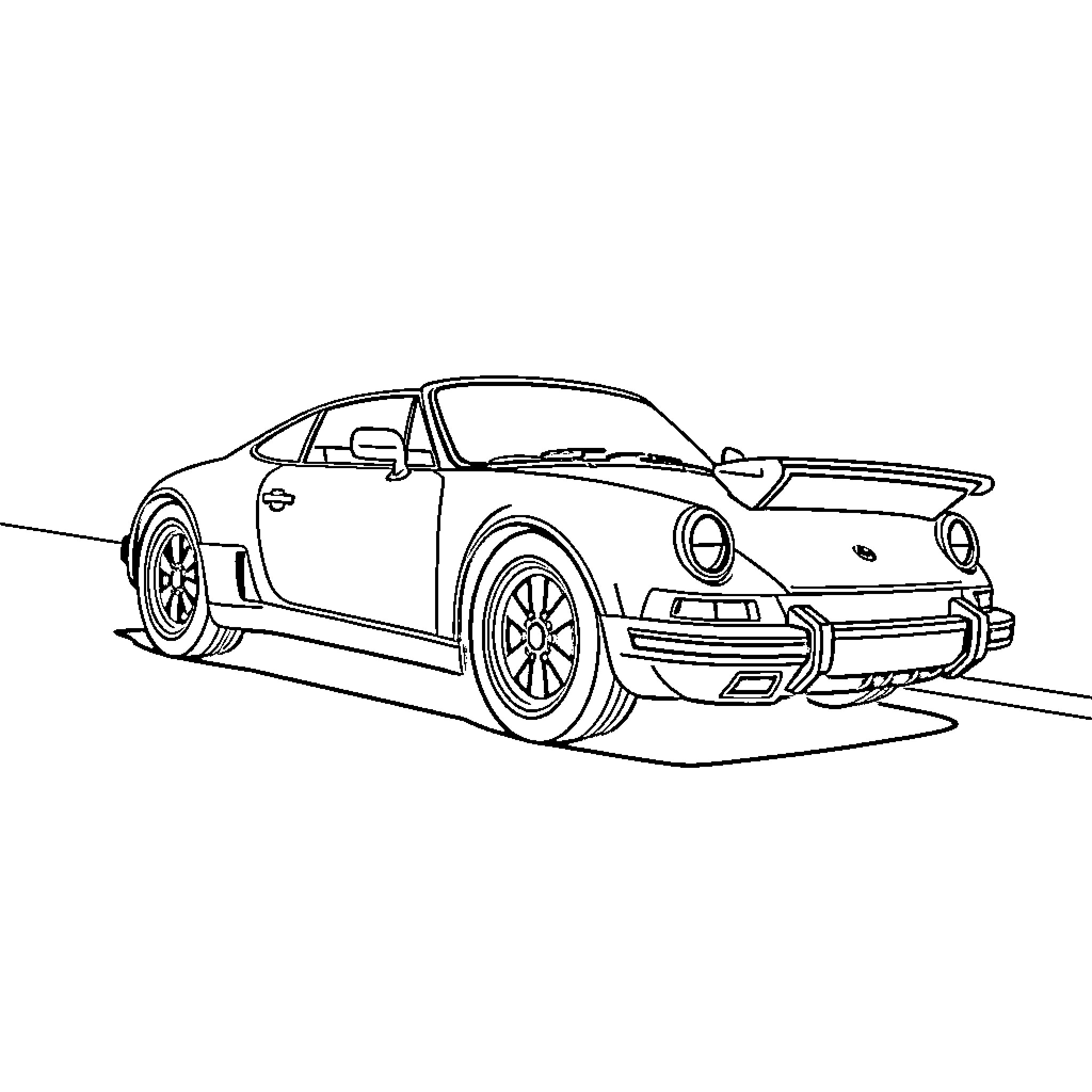 Car in stylish sporty pose on the road Coloring Page (free black-and-white line drawing printable PDF for all, from beginners to advanced learners, including children, teens, adults, and seniors)