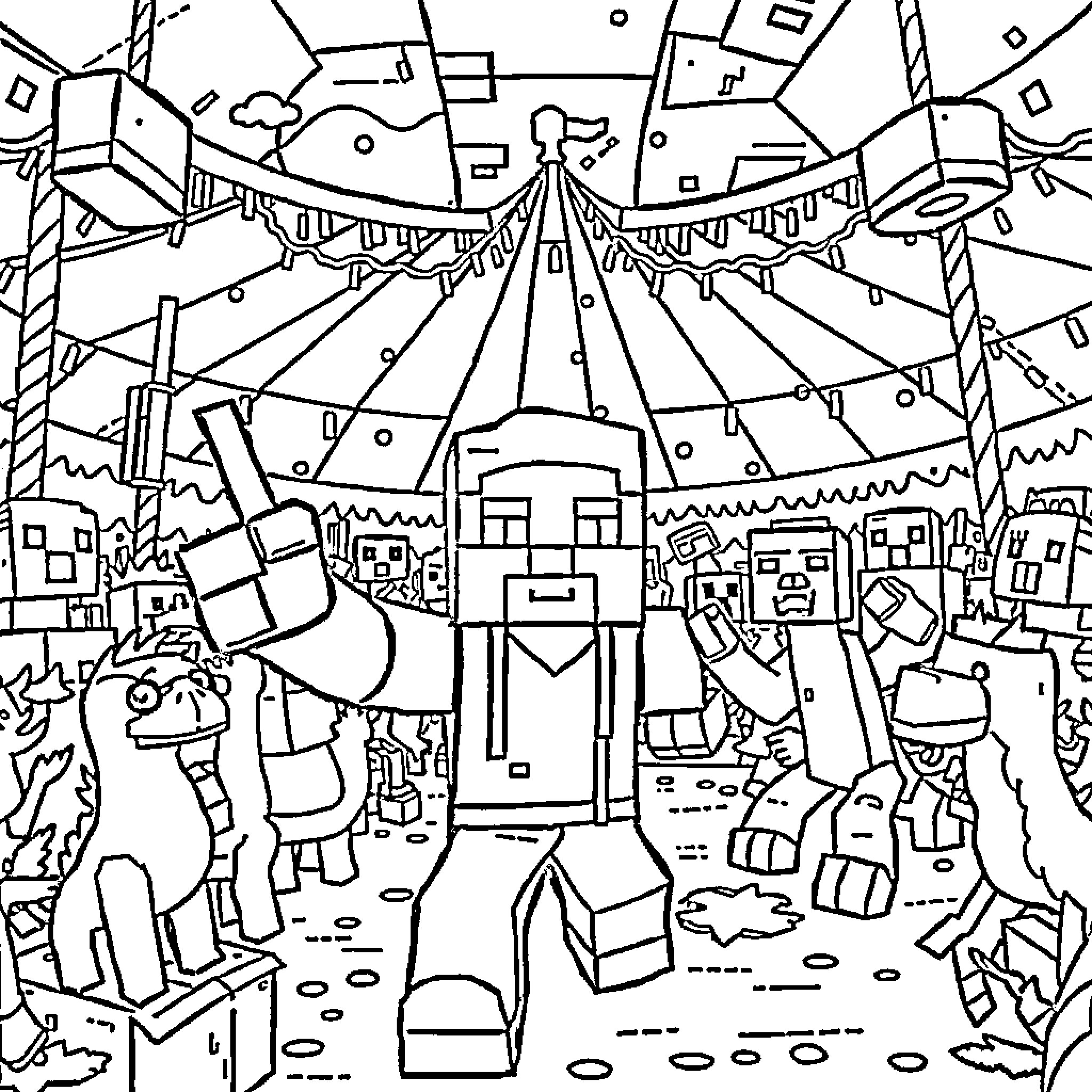 Minecraft characters celebrating at a festive event Coloring Page (free black-and-white line drawing printable PDF for all, from beginners to advanced learners, including children, teens, adults, and seniors)