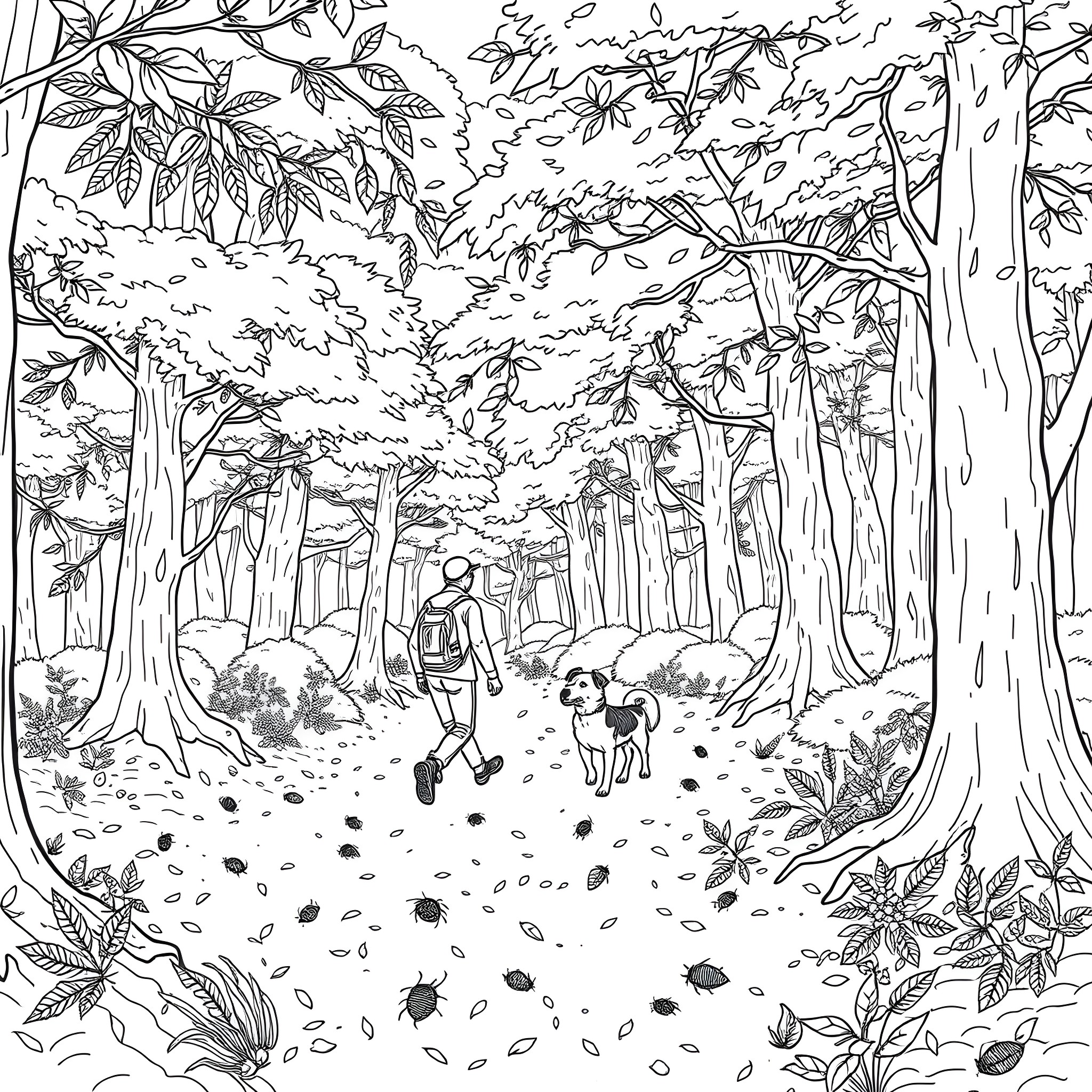 Person walking dog in lush forest Coloring Page (free black-and-white line drawing printable PDF for all, from beginners to advanced learners, including children, teens, adults, and seniors)