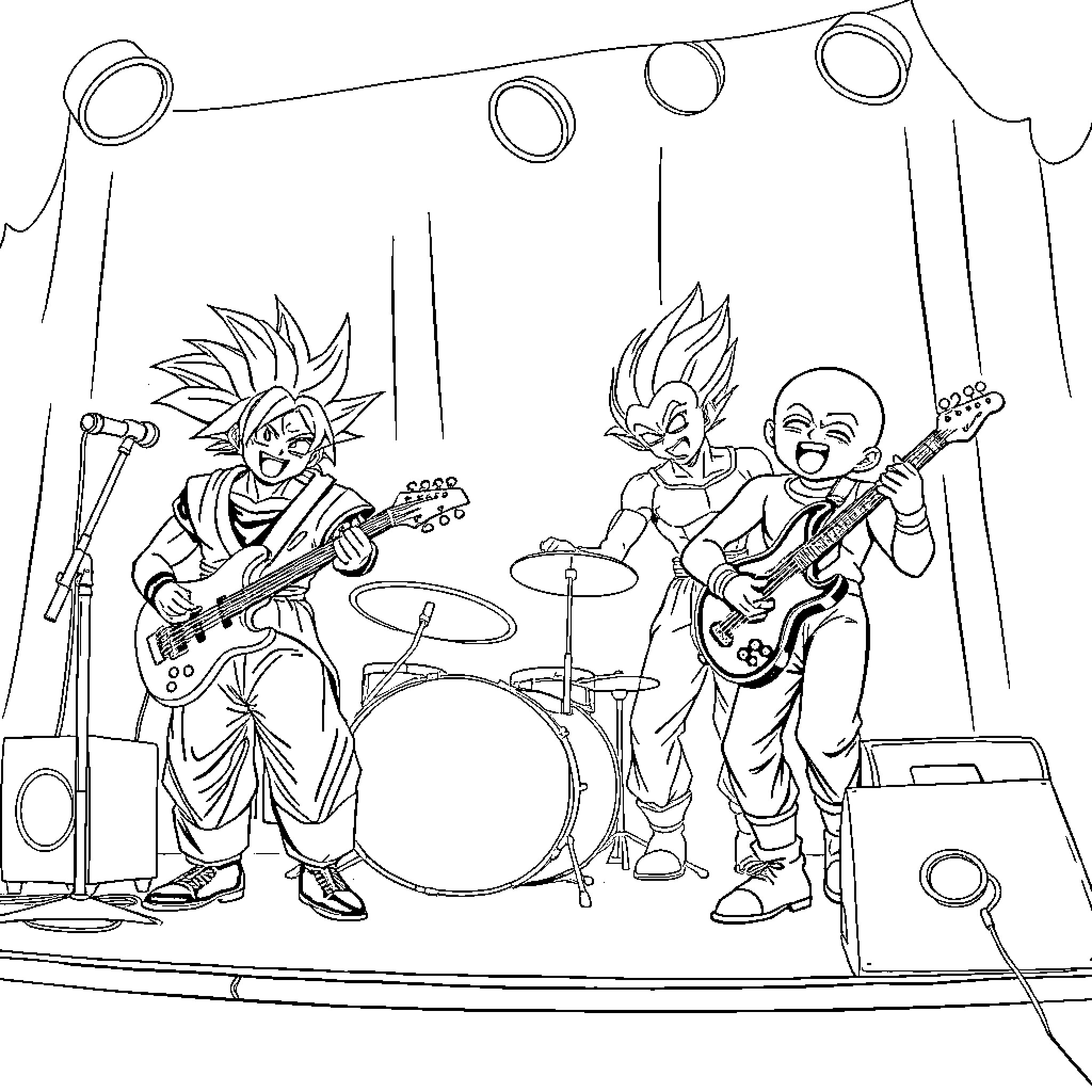 Goku and friends perform rock music on stage Coloring Page (free black-and-white line drawing printable PDF for all, from beginners to advanced learners, including children, teens, adults, and seniors)