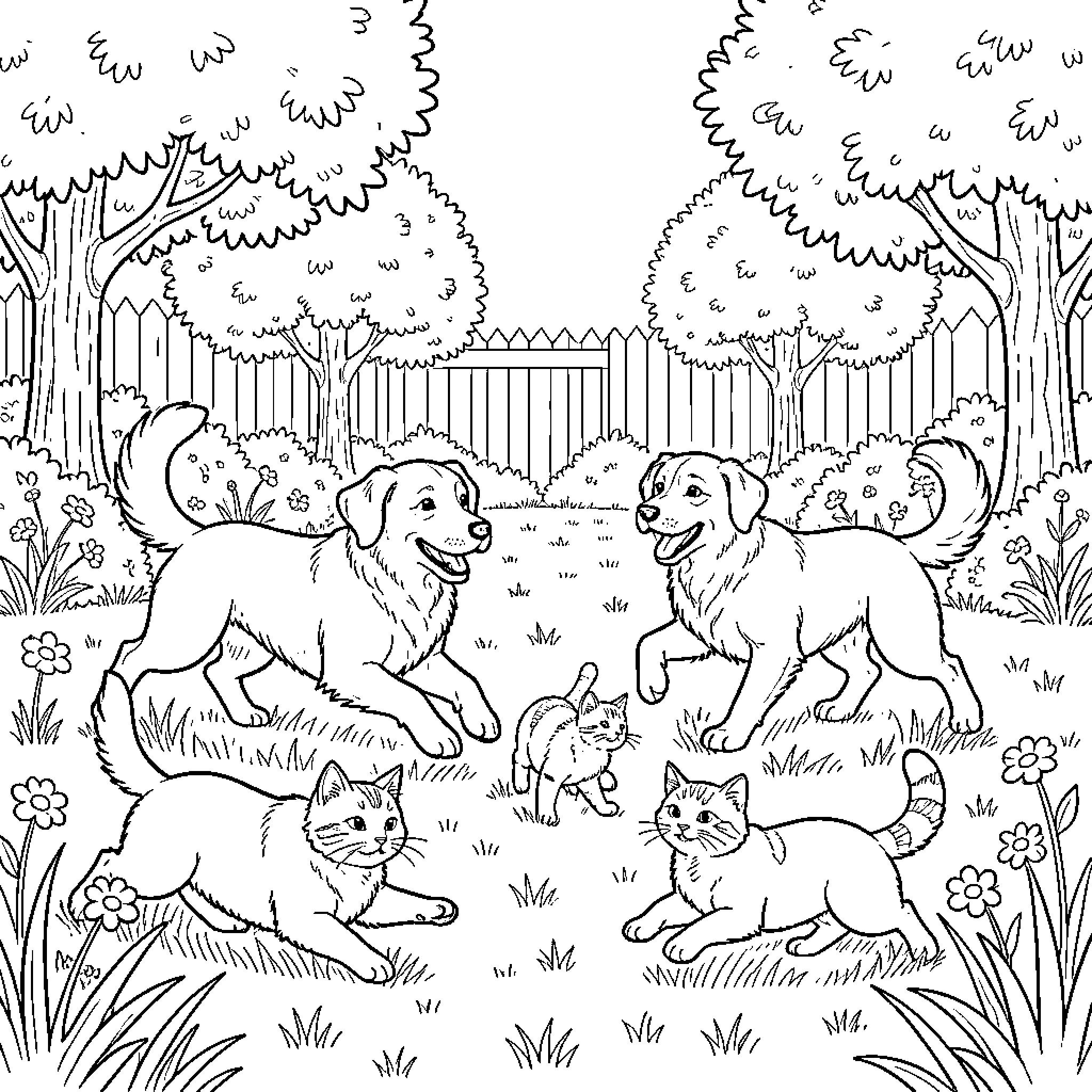Dog and cats playing together in a garden Coloring Page (free black-and-white line drawing printable PDF for all, from beginners to advanced learners, including children, teens, adults, and seniors)