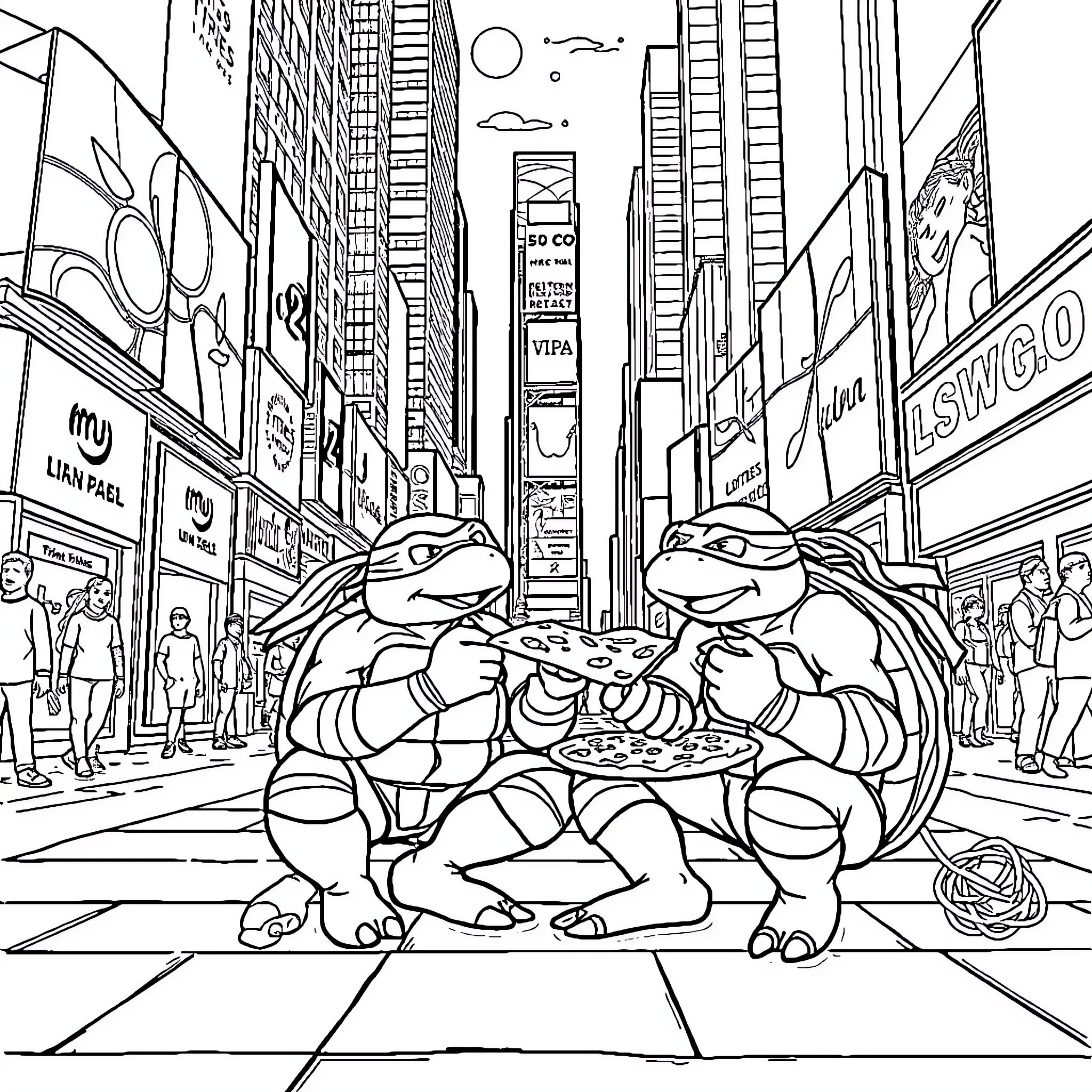 Teenage Mutant Ninja Turtles in Times Square Adventure Coloring Page (free black-and-white line drawing printable PDF for all, from beginners to advanced learners, including children, teens, adults, and seniors)
