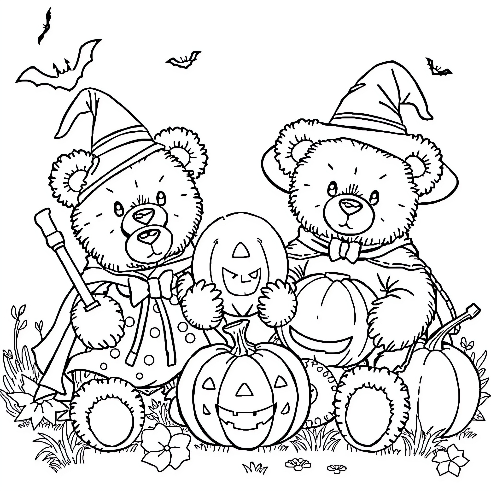 Teddy Bears Celebrating Halloween with Pumpkins and Bats Coloring Page (free black-and-white line drawing printable PDF for all, from beginners to advanced learners, including children, teens, adults, and seniors)