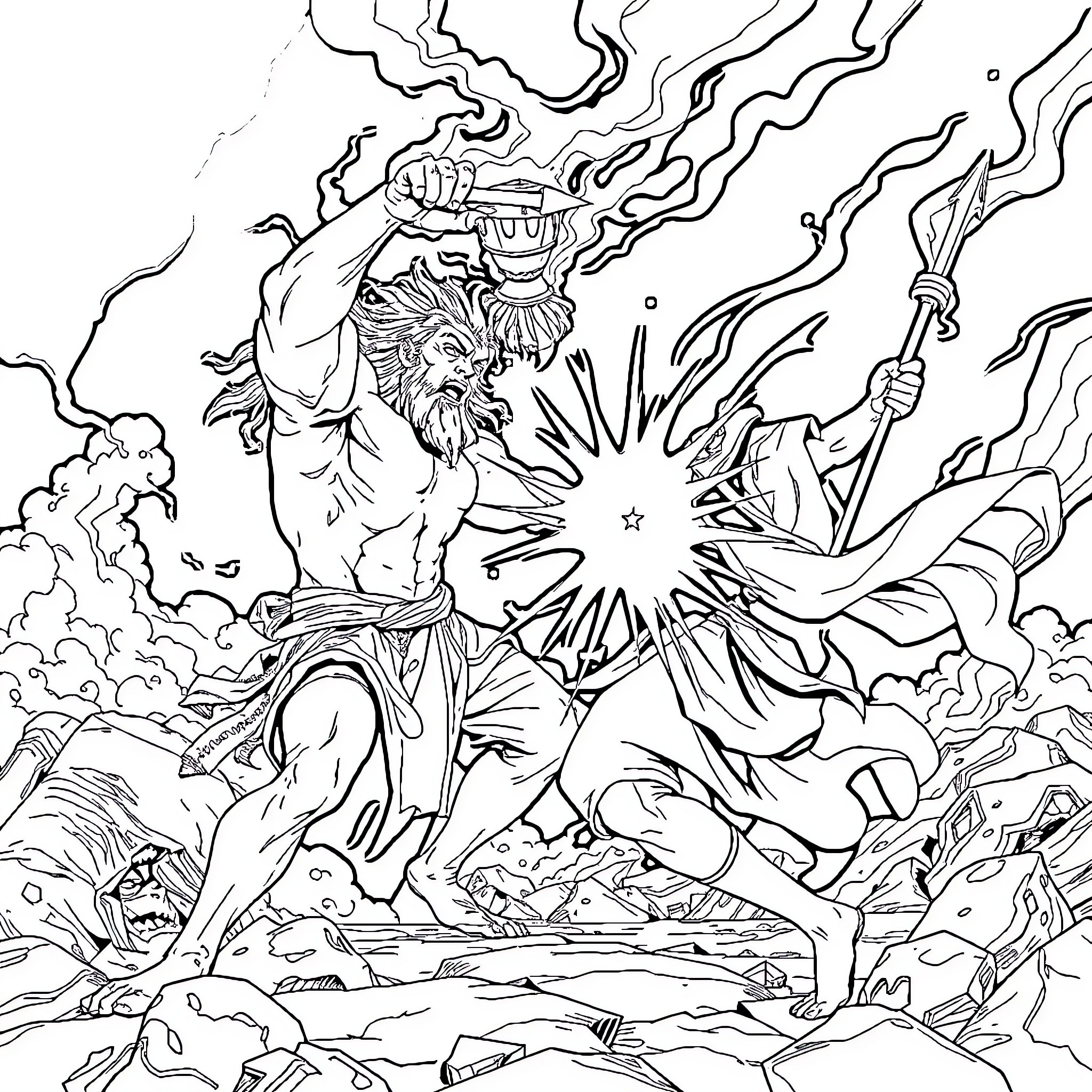 Man battling mythical beasts in dramatic scene Coloring Page (free black-and-white line drawing printable PDF for all, from beginners to advanced learners, including children, teens, adults, and seniors)