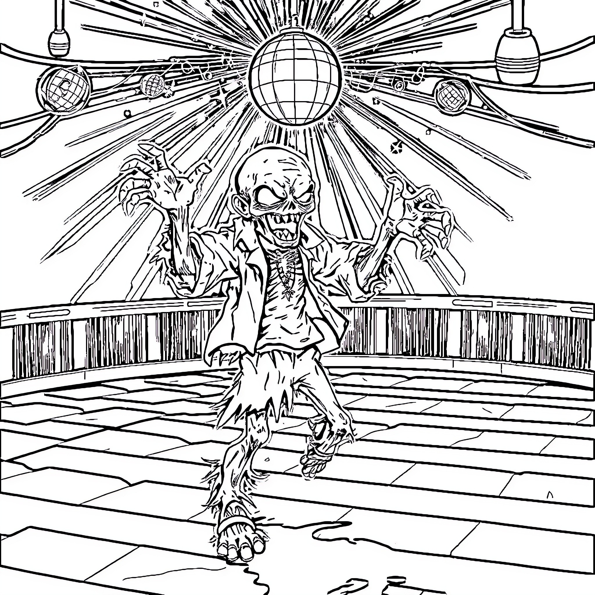 Zombie creature wreaking havoc in a surreal disco setting Coloring Page (free black-and-white line drawing printable PDF for all, from beginners to advanced learners, including children, teens, adults, and seniors)