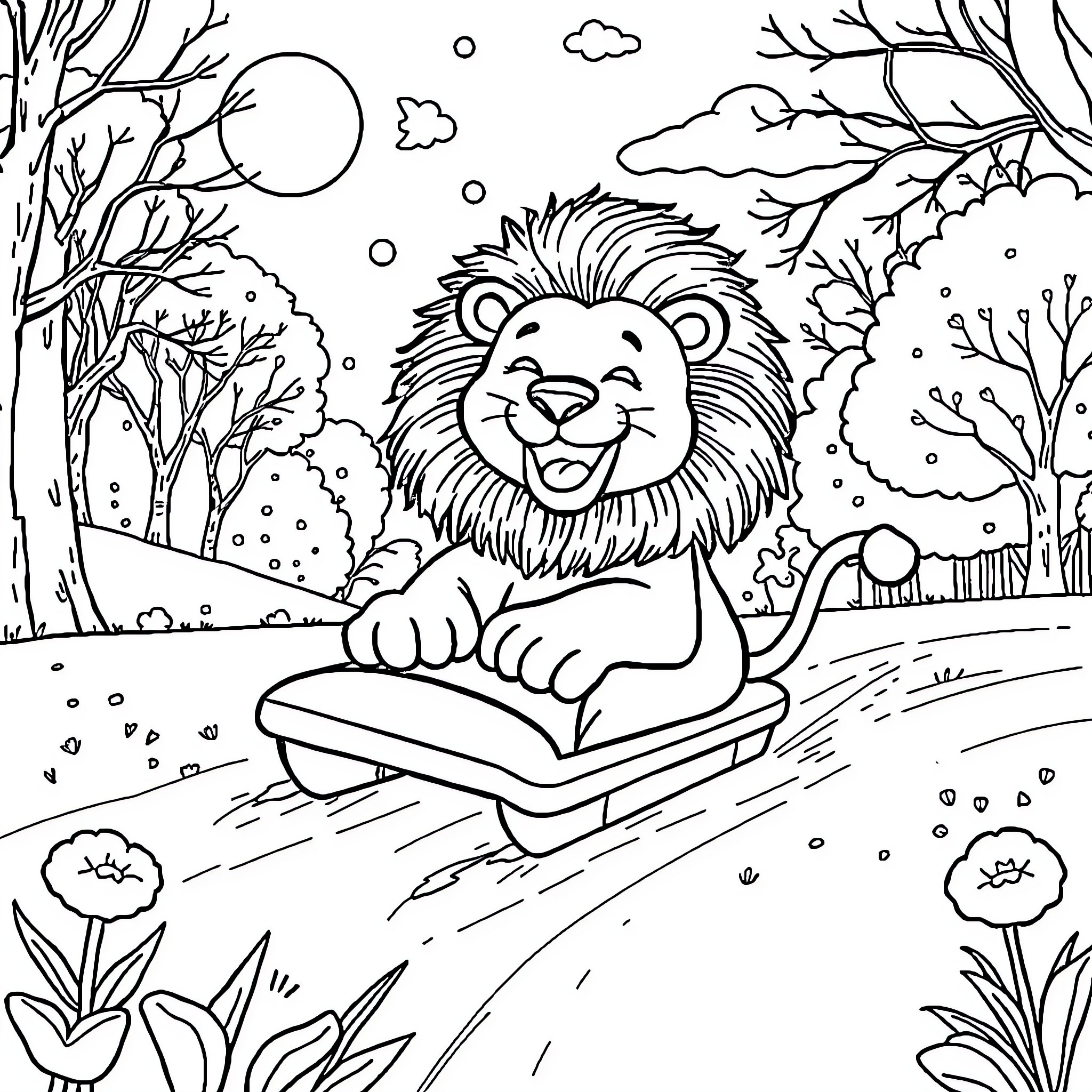 Lion riding on sled in winter landscape Coloring Page (free black-and-white line drawing printable PDF for all, from beginners to advanced learners, including children, teens, adults, and seniors)