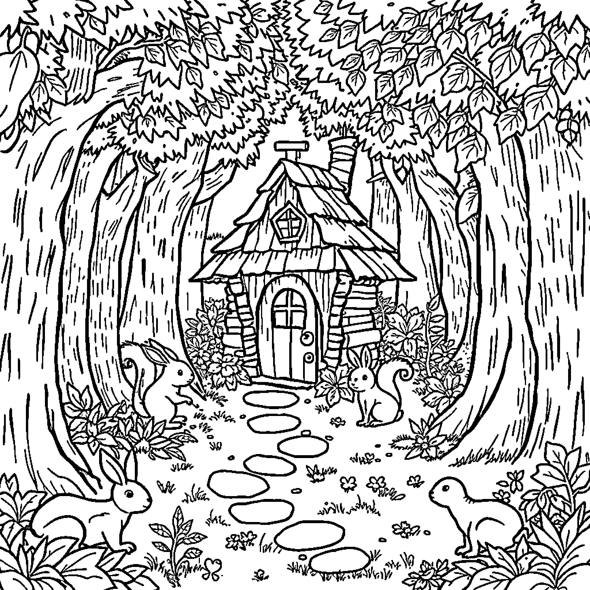 Fairy Tale Cottage in Enchanted Forest Coloring Page (free black-and-white line drawing printable PDF for all, from beginners to advanced learners, including children, teens, adults, and seniors)