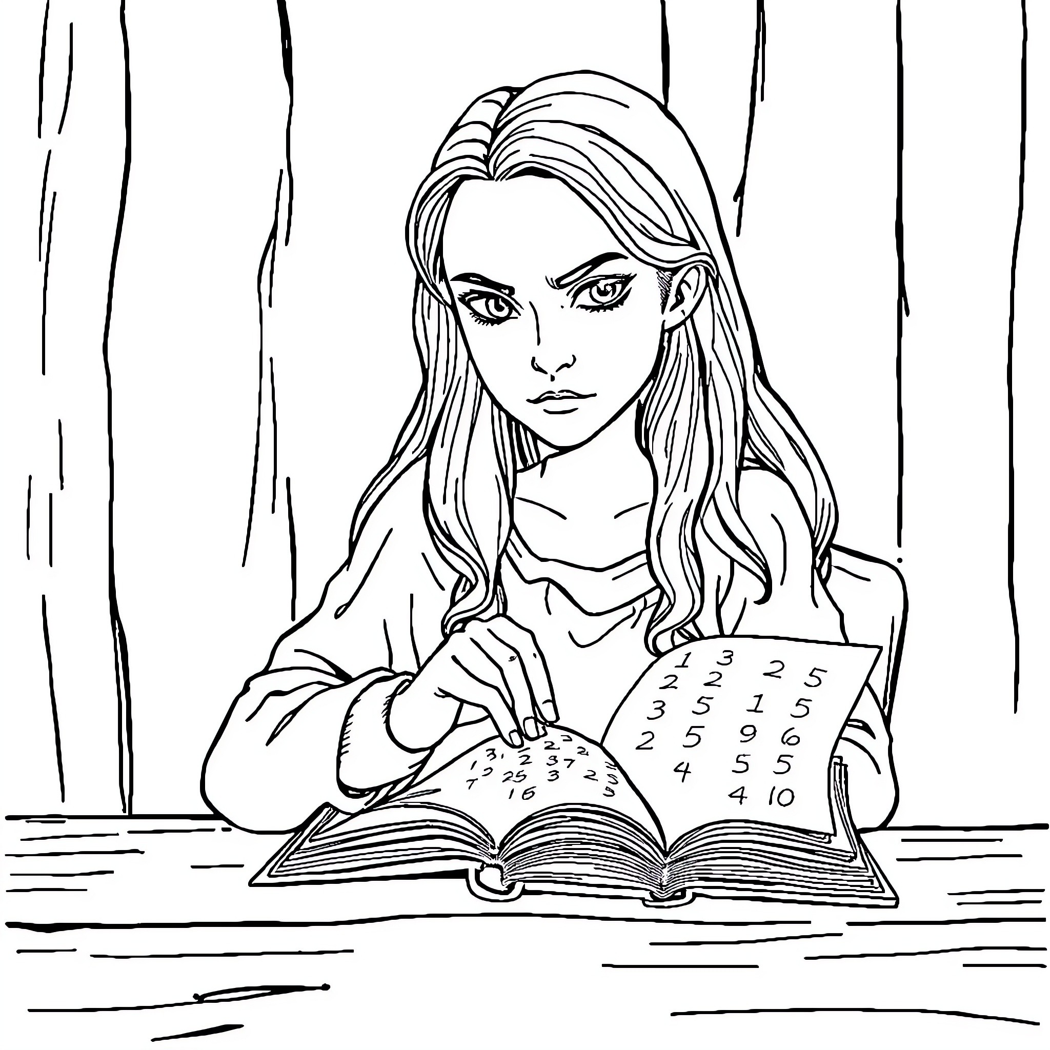 Mercredi Adams studying her spellbook in a dark forest Coloring Page (free black-and-white line drawing printable PDF for all, from beginners to advanced learners, including children, teens, adults, and seniors)