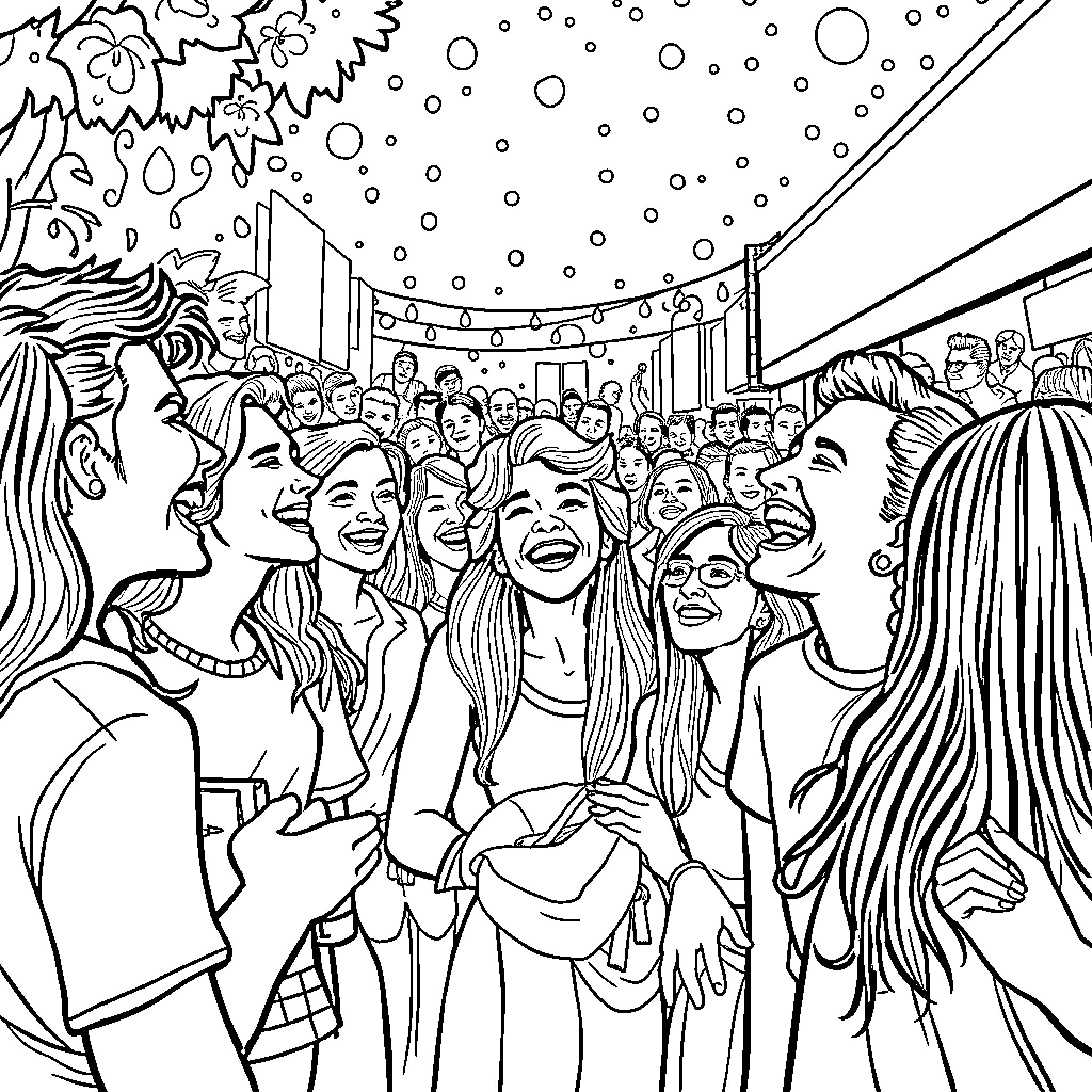 Life Amin: Joyful celebration among friends Coloring Page (free black-and-white line drawing printable PDF for all, from beginners to advanced learners, including children, teens, adults, and seniors)