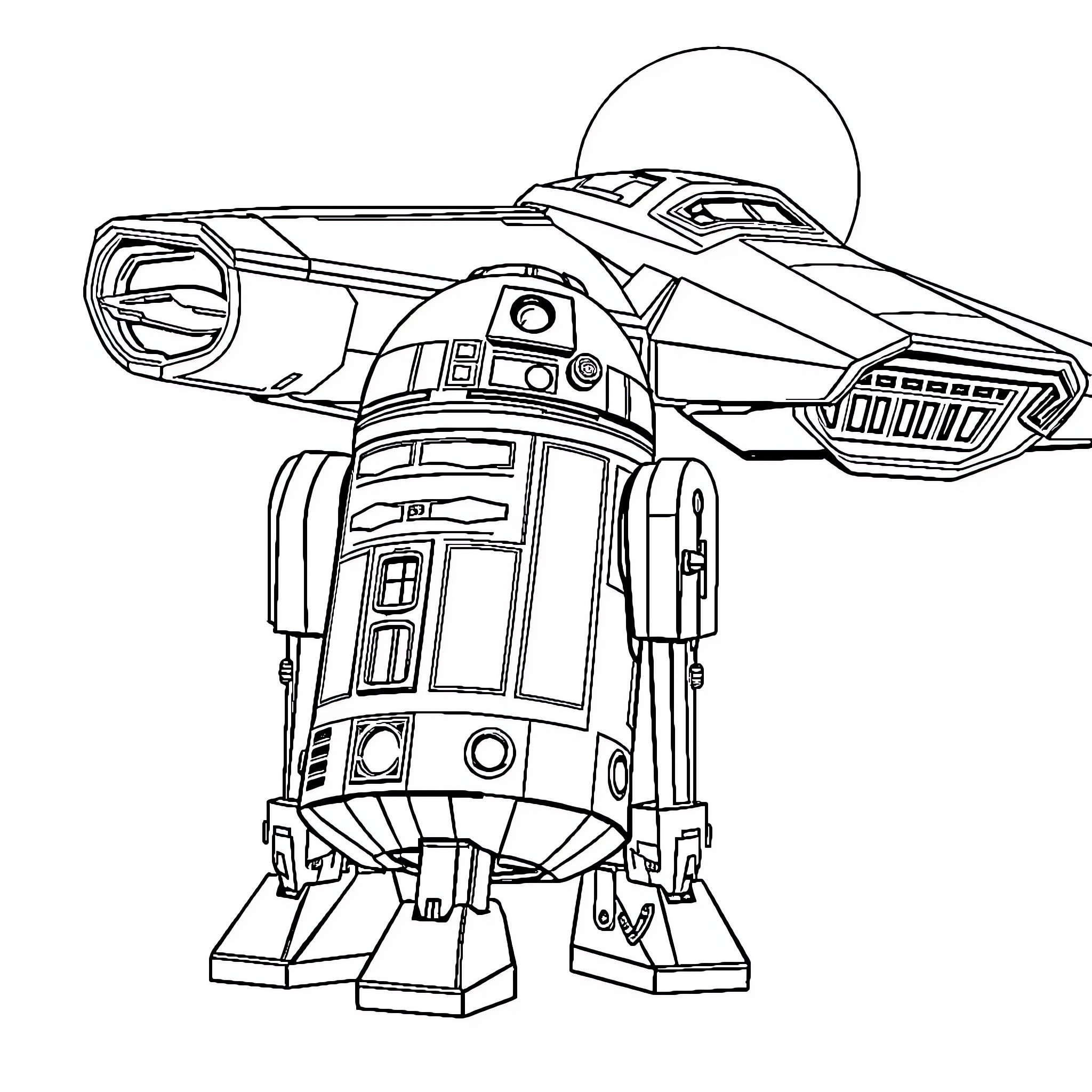 R2D2 and Spacecraft in Futuristic Scene Coloring Page (free black-and-white line drawing printable PDF for all, from beginners to advanced learners, including children, teens, adults, and seniors)