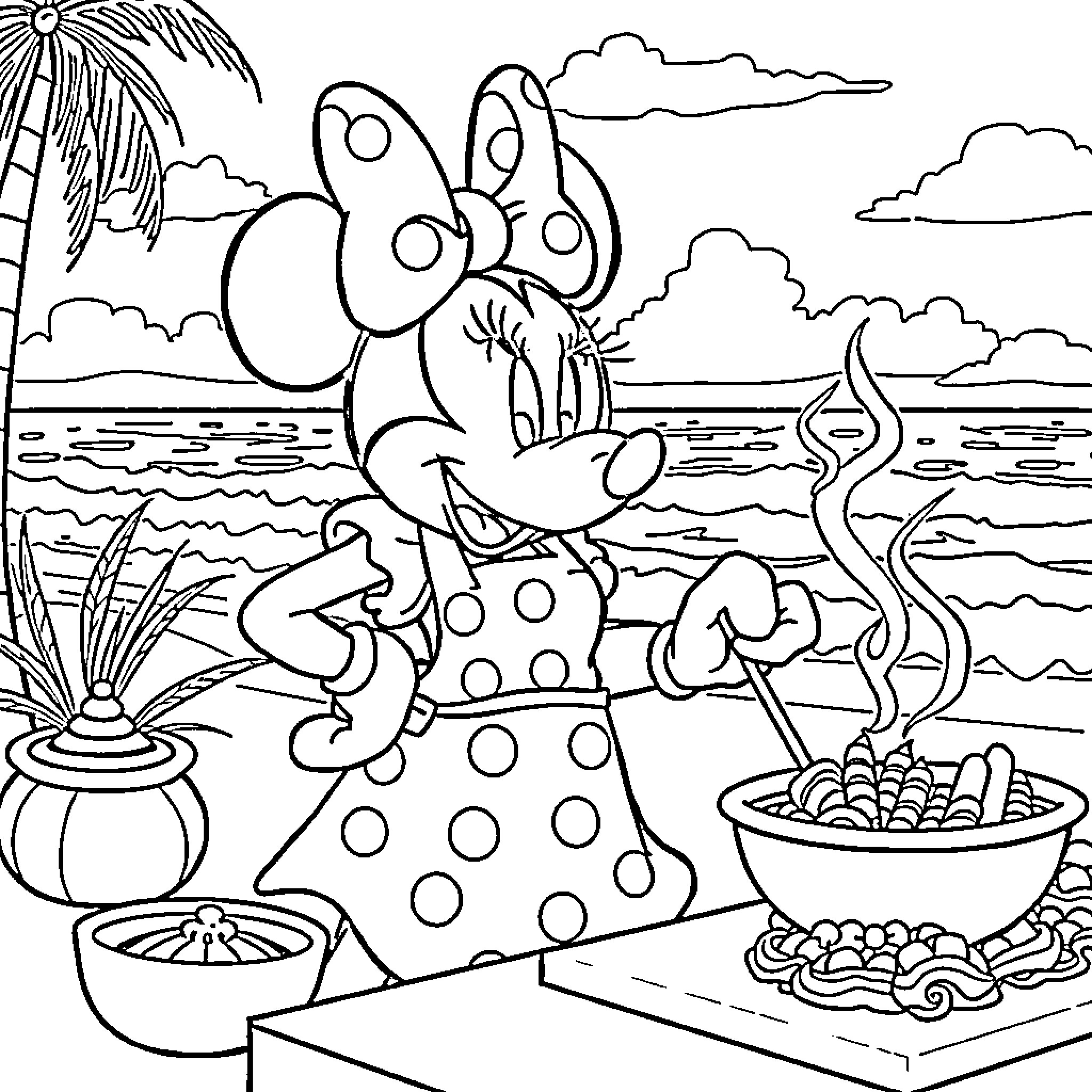Minnie Mouse enjoying a tropical beach scene Coloring Page (free black-and-white line drawing printable PDF for all, from beginners to advanced learners, including children, teens, adults, and seniors)