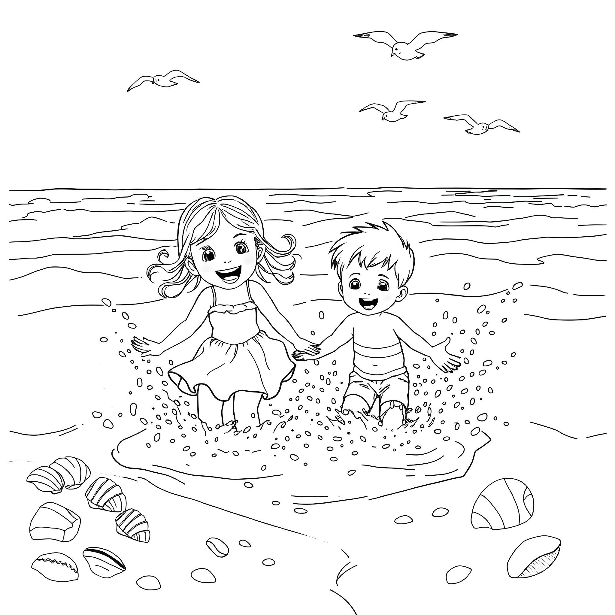 Child playing joyfully at the beach with friends Coloring Page (free black-and-white line drawing printable PDF for all, from beginners to advanced learners, including children, teens, adults, and seniors)