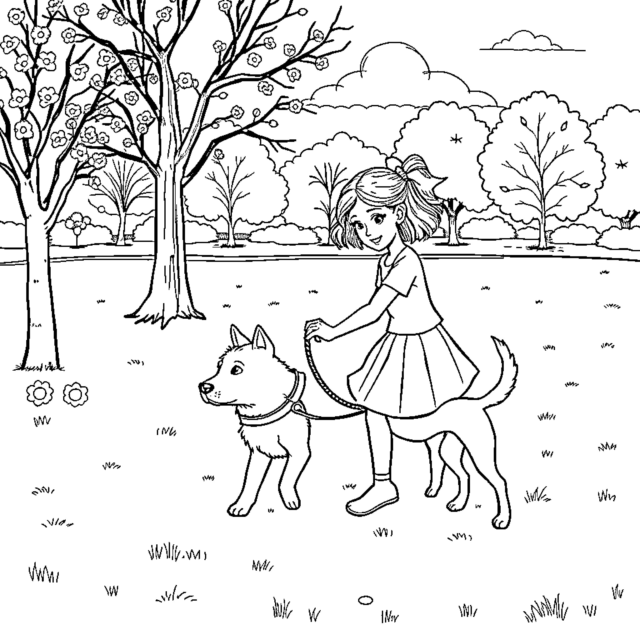 Girl walking her dog in a serene park Coloring Page (free black-and-white line drawing printable PDF for all, from beginners to advanced learners, including children, teens, adults, and seniors)