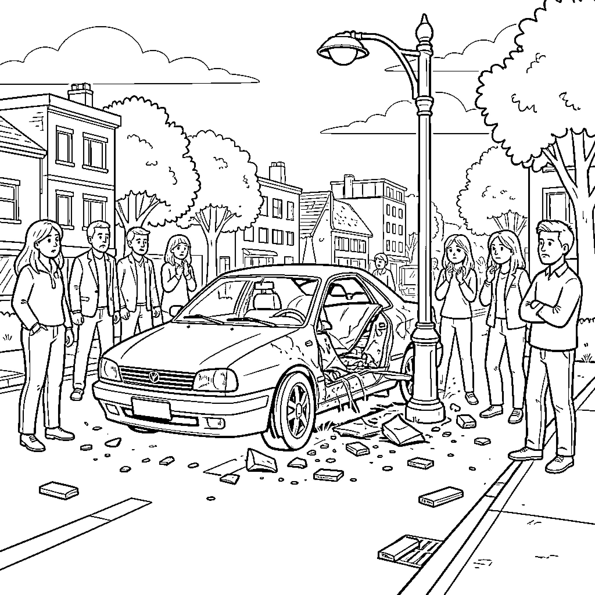 Car accident scene with concerned bystanders watching Coloring Page (free black-and-white line drawing printable PDF for all, from beginners to advanced learners, including children, teens, adults, and seniors)