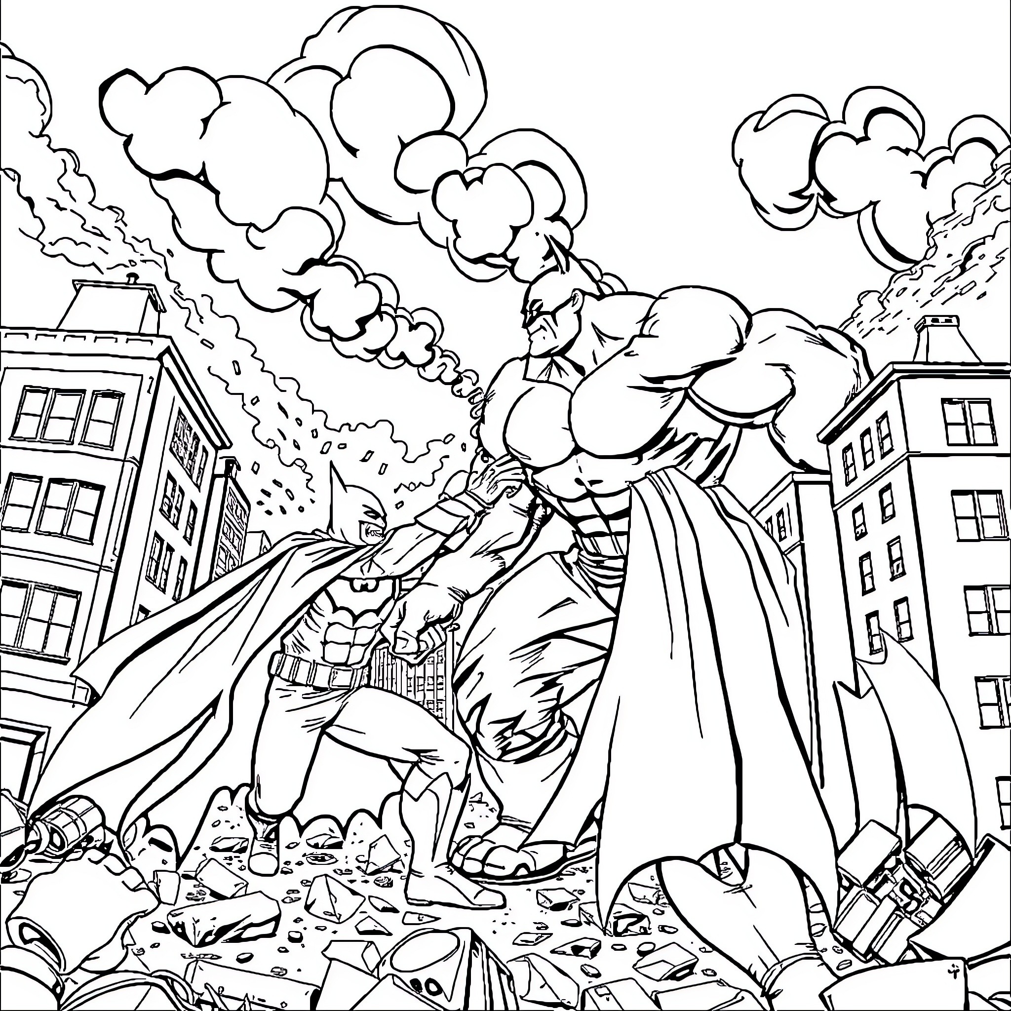 Batman battling giant robots in a destroyed city Coloring Page (free black-and-white line drawing printable PDF for all, from beginners to advanced learners, including children, teens, adults, and seniors)