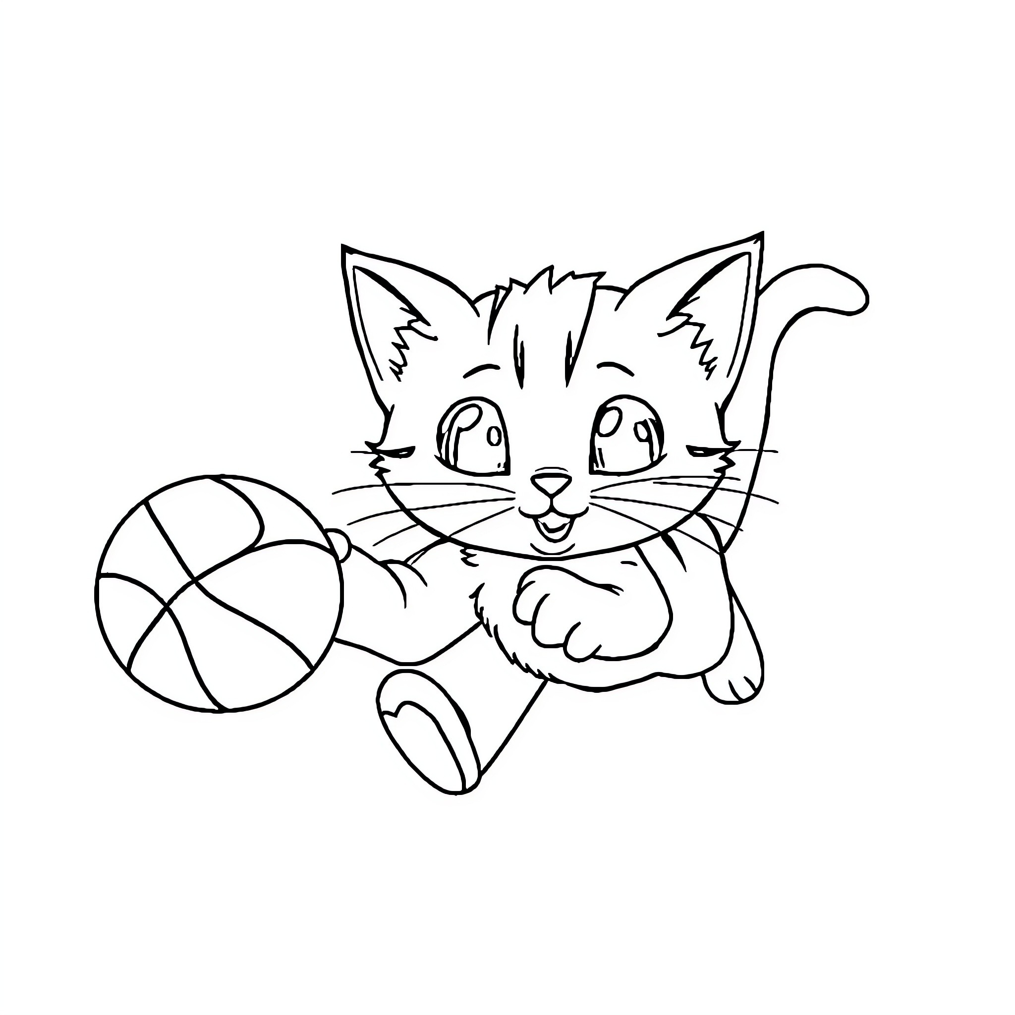 Cat playing with basketball Coloring Page (free black-and-white line drawing printable PDF for all, from beginners to advanced learners, including children, teens, adults, and seniors)